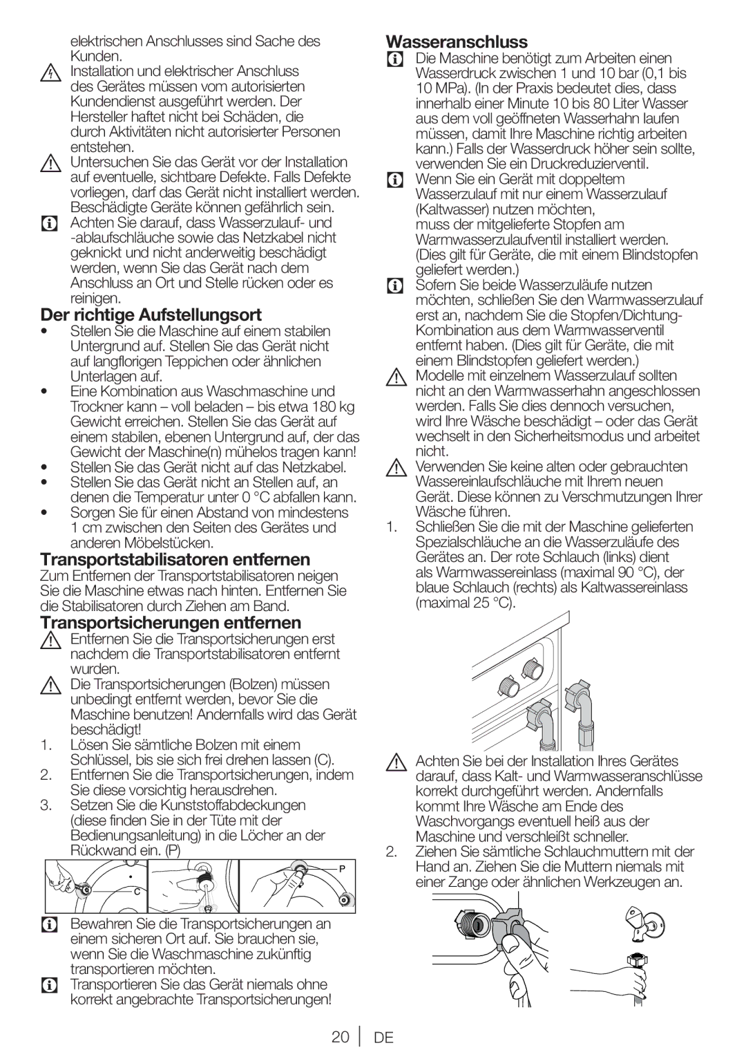 Blomberg WNF 7281 WE20 Der richtige Aufstellungsort, Transportstabilisatoren entfernen, Transportsicherungen entfernen 