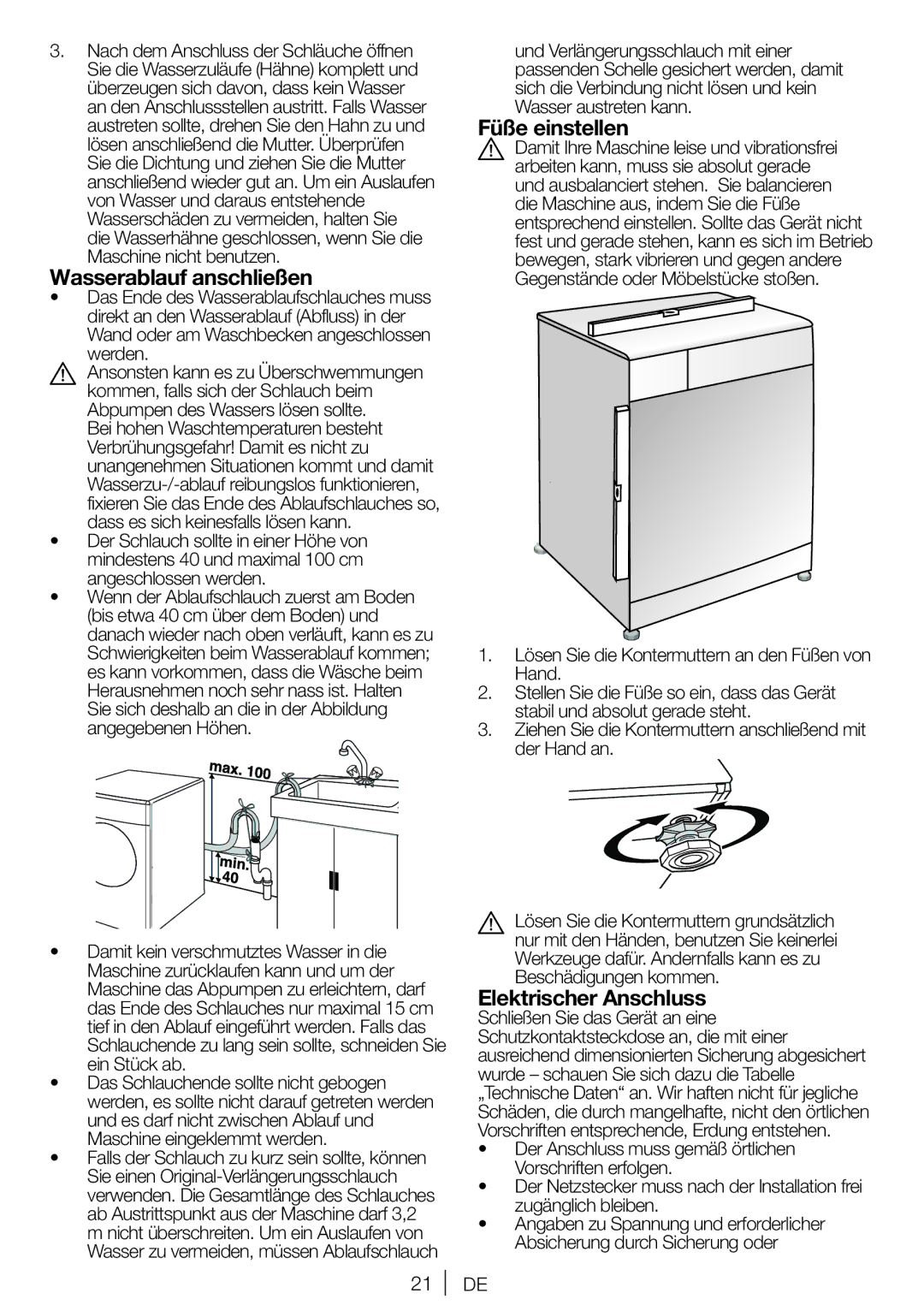 Blomberg WNF 7241 WE20, WNF 7281 WE20, WNF 7201 WE20 Wasserablauf anschließen, Füße einstellen, Elektrischer Anschluss 