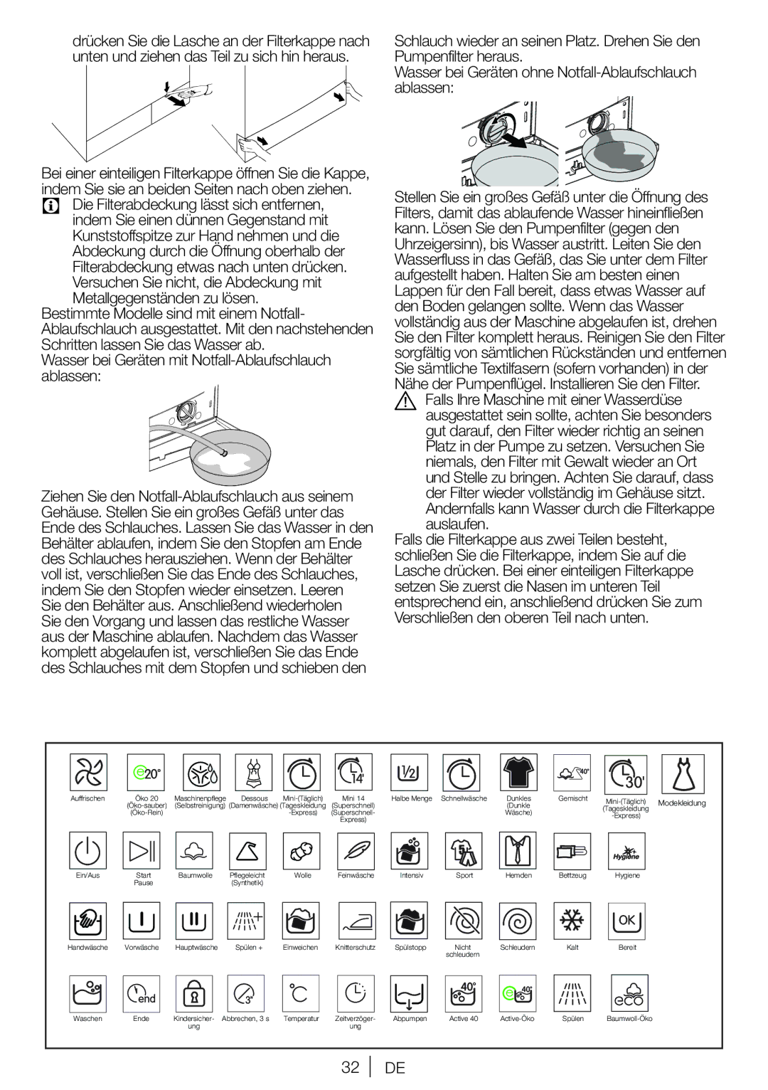 Blomberg WNF 7281 WE20, WNF 7241 WE20, WNF 7201 WE20 Wasser bei Geräten mit Notfall-Ablaufschlauch ablassen, Modekleidung 