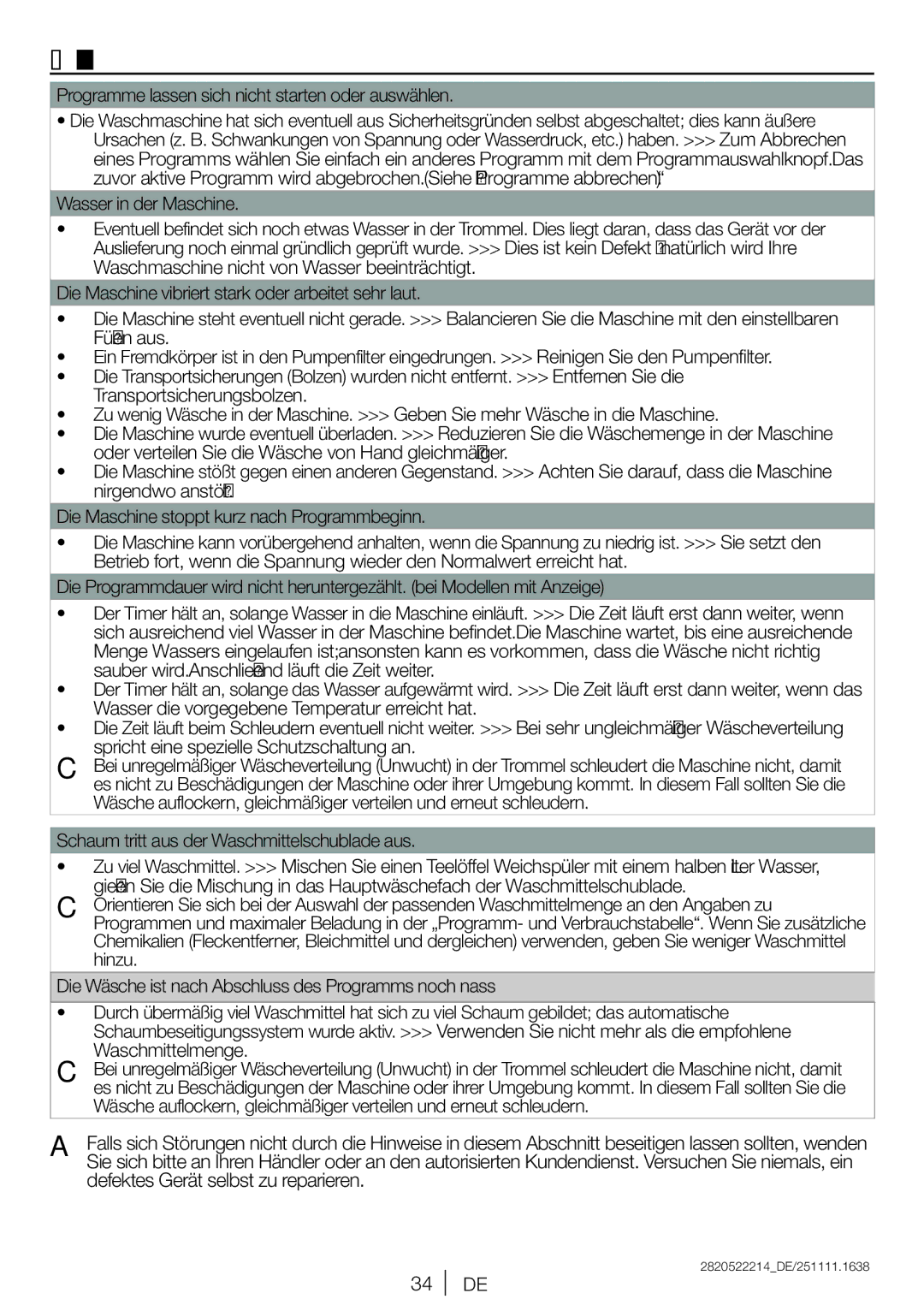 Blomberg WNF 7201 WE20, WNF 7281 WE20 user manual Problemlösung, Programme lassen sich nicht starten oder auswählen, Hinzu 