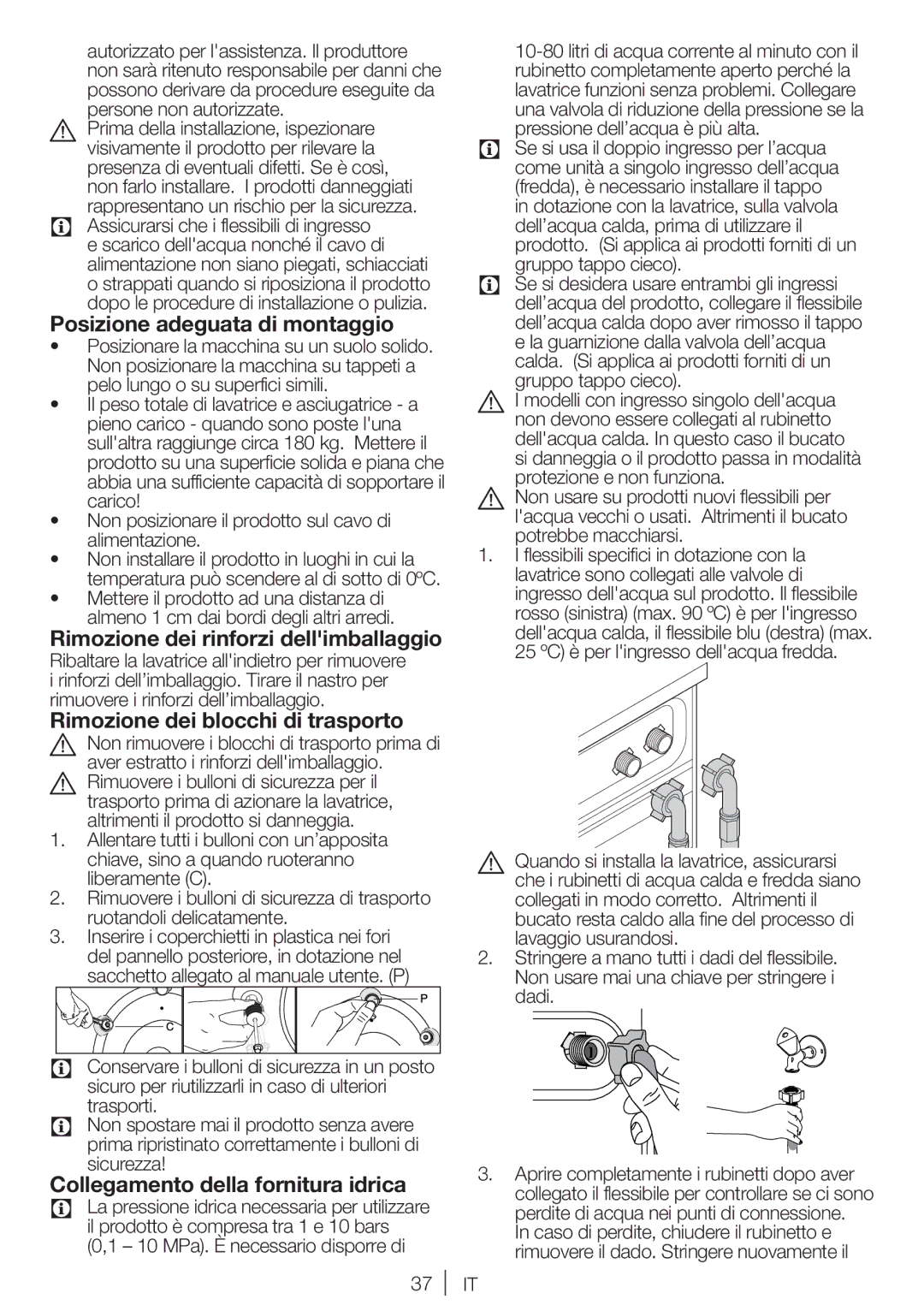 Blomberg WNF 7241 WE20, WNF 7281 WE20 user manual Posizione adeguata di montaggio, Rimozione dei rinforzi dellimballaggio 