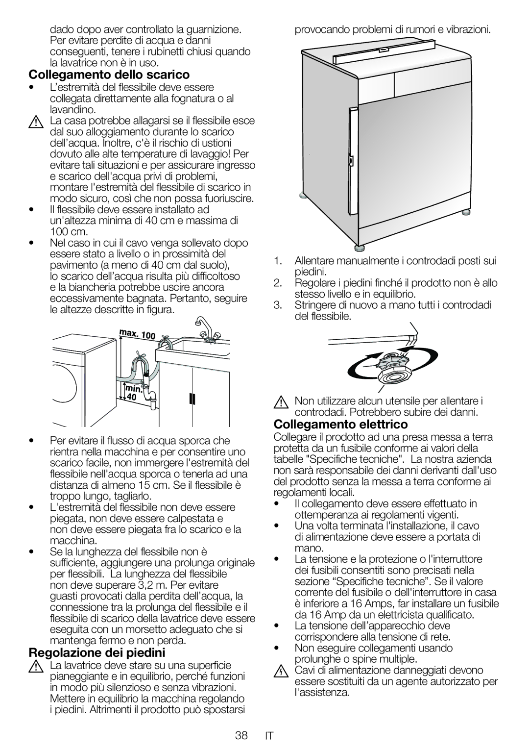 Blomberg WNF 7201 WE20, WNF 7281 WE20 Collegamento dello scarico, Regolazione dei piedini, Collegamento elettrico 