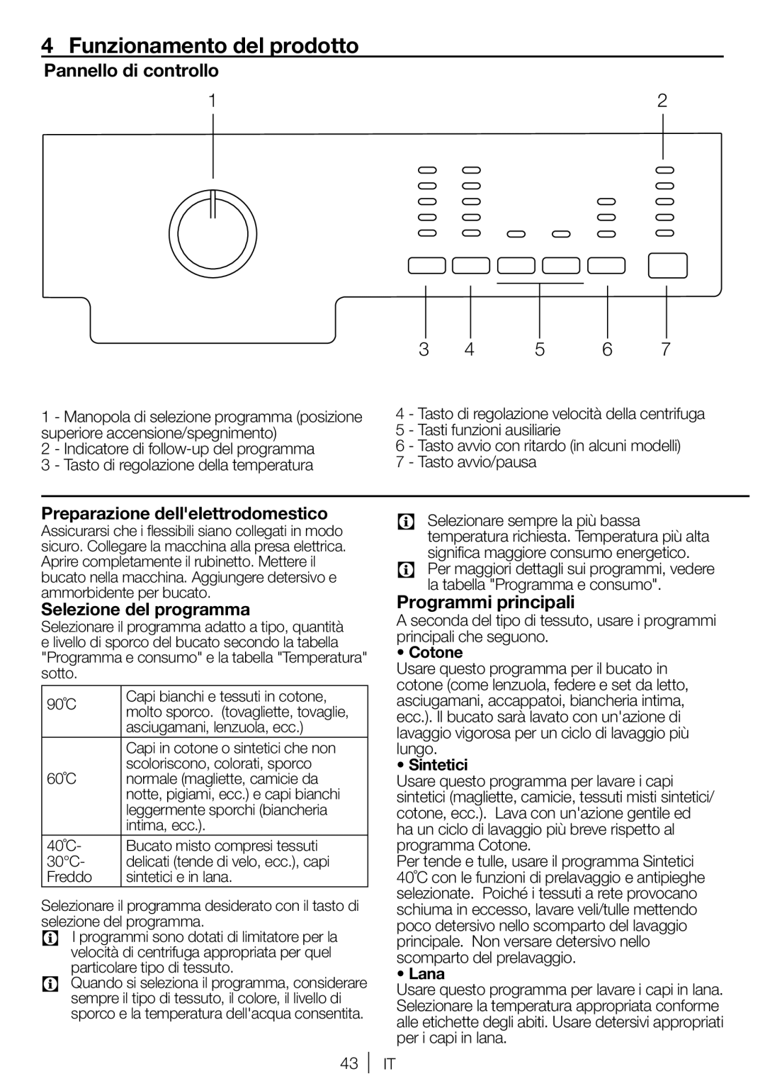 Blomberg WNF 7221 WE20, WNF 7281 WE20 Funzionamento del prodotto, Pannello di controllo, Preparazione dellelettrodomestico 