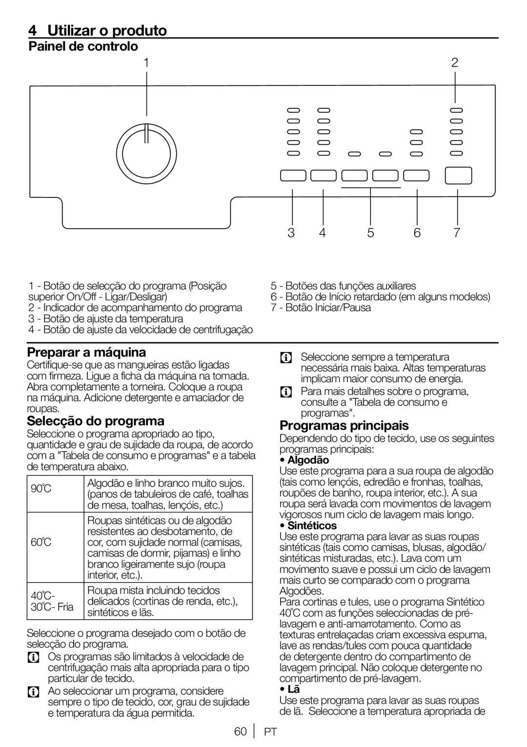 Blomberg WNF 7281 WE20, WNF 7241 WE20 Utilizar o produto, Painel de controlo, Preparar a máquina, Selecção do programa 