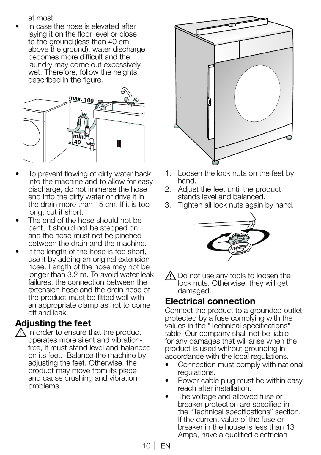 Blomberg WNF 7341 A user manual Adjusting the feet, Electrical connection 