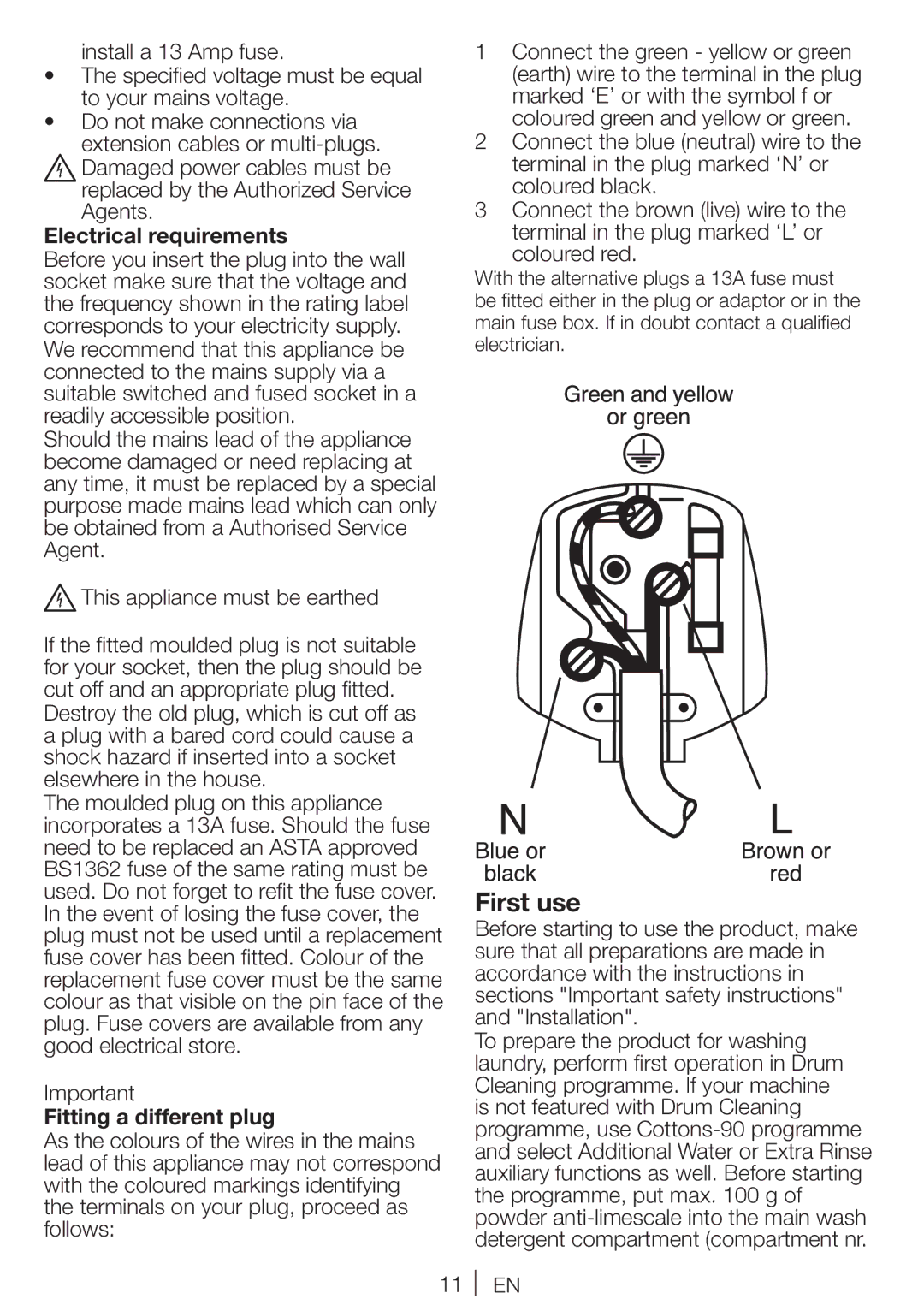 Blomberg WNF 7341 A user manual First use, Electrical requirements, Fitting a different plug 