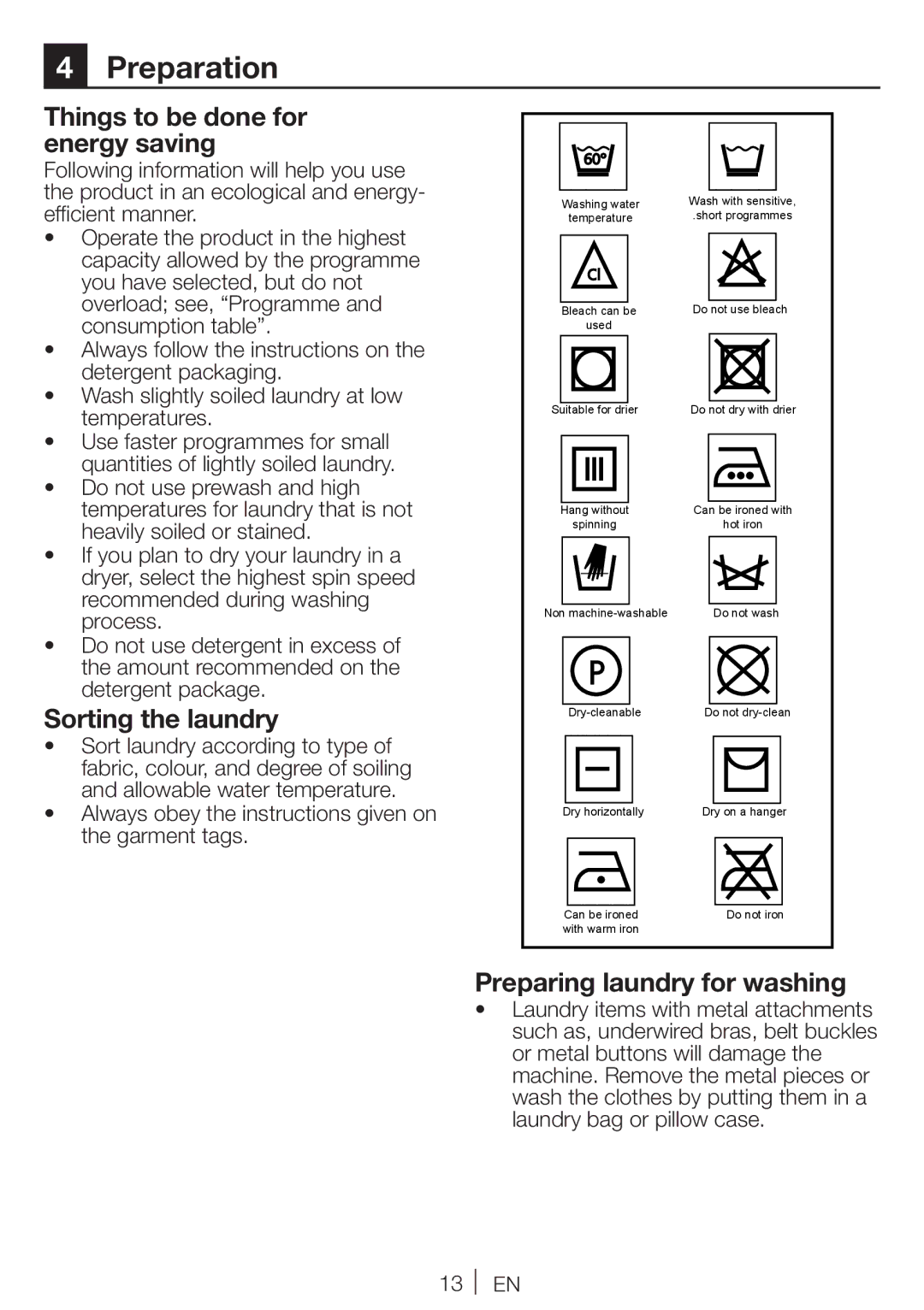 Blomberg WNF 7341 A Preparation, Things to be done for energy saving, Sorting the laundry, Preparing laundry for washing 