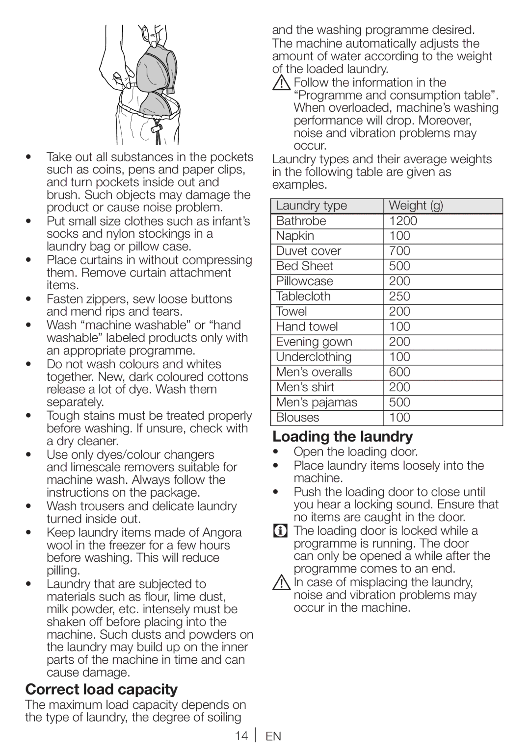 Blomberg WNF 7341 A user manual Correct load capacity, Loading the laundry 