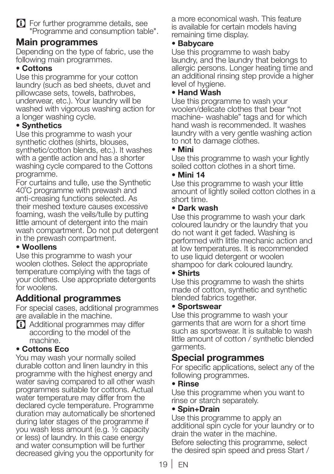 Blomberg WNF 7341 A user manual Main programmes, Additional programmes, Special programmes 