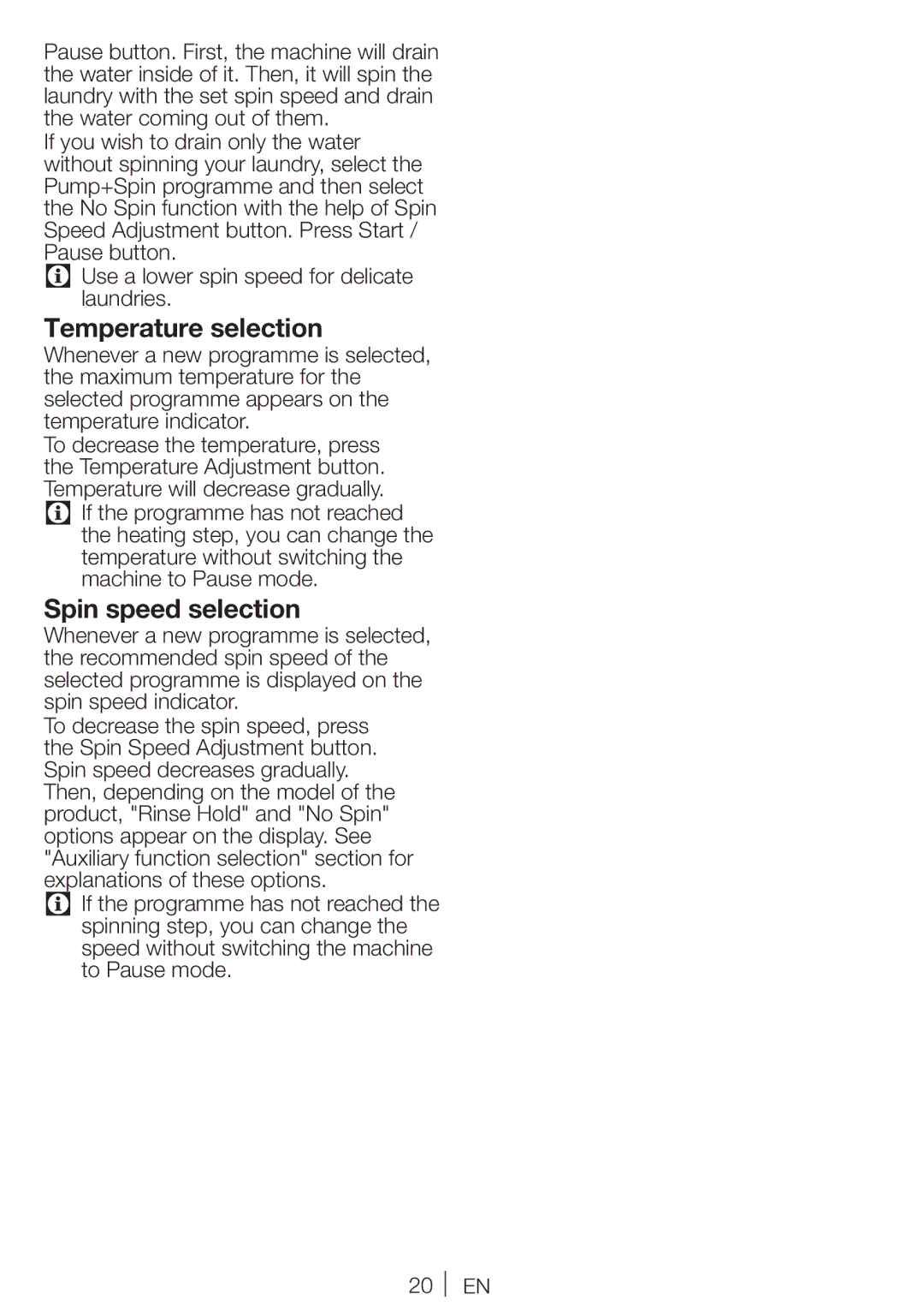 Blomberg WNF 7341 A user manual Temperature selection, Spin speed selection 