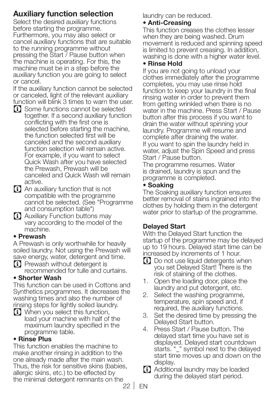 Blomberg WNF 7341 A user manual Auxiliary function selection 