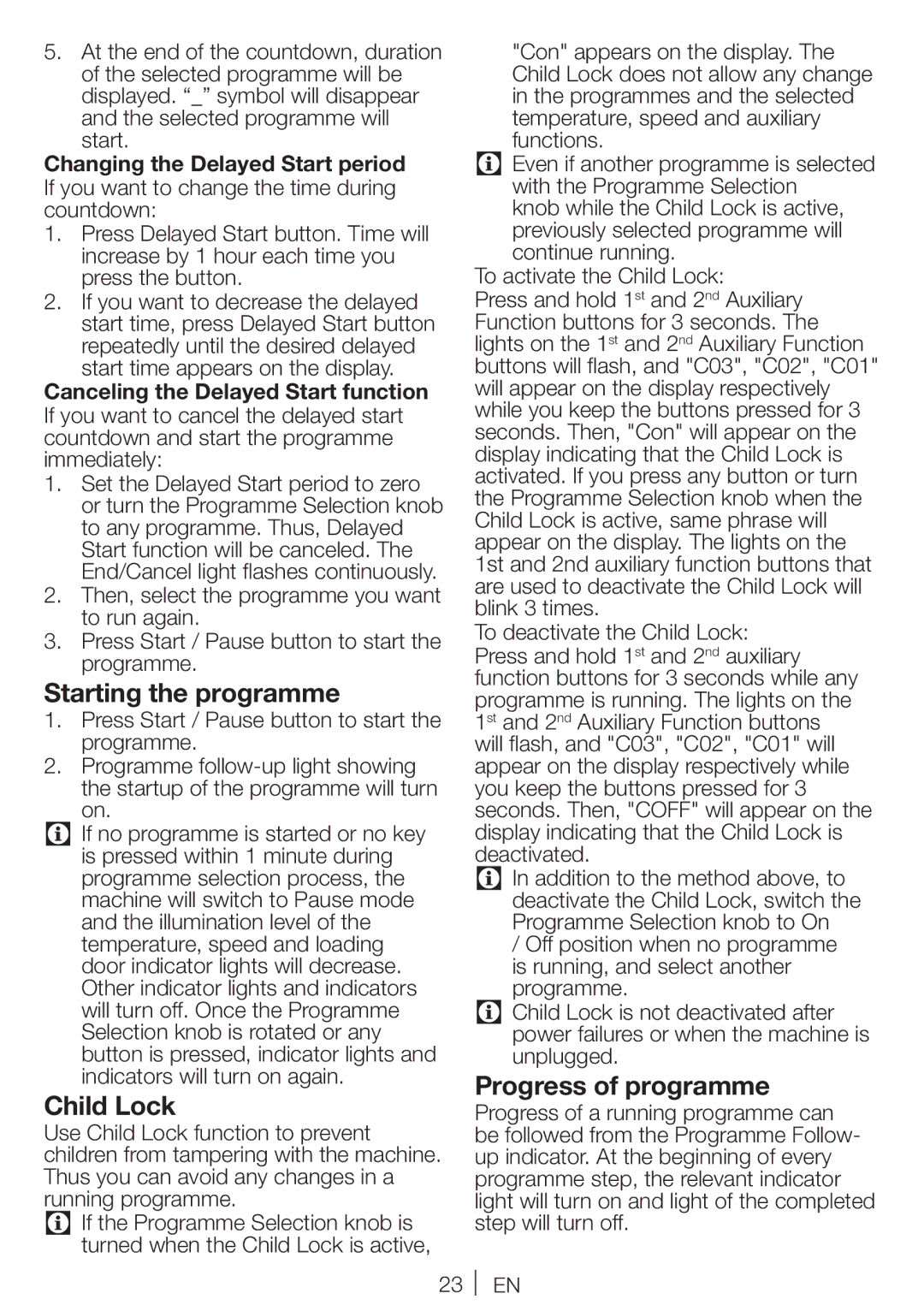 Blomberg WNF 7341 A Starting the programme, Child Lock, Progress of programme, Changing the Delayed Start period 