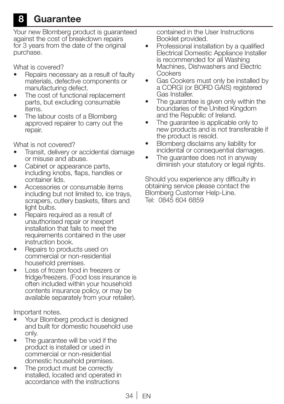 Blomberg WNF 7341 A user manual Guarantee 