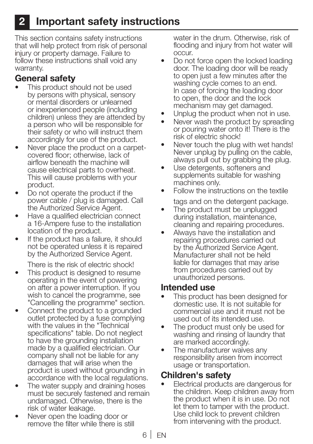 Blomberg WNF 7341 A user manual Important safety instructions, General safety, Intended use, Childrens safety 