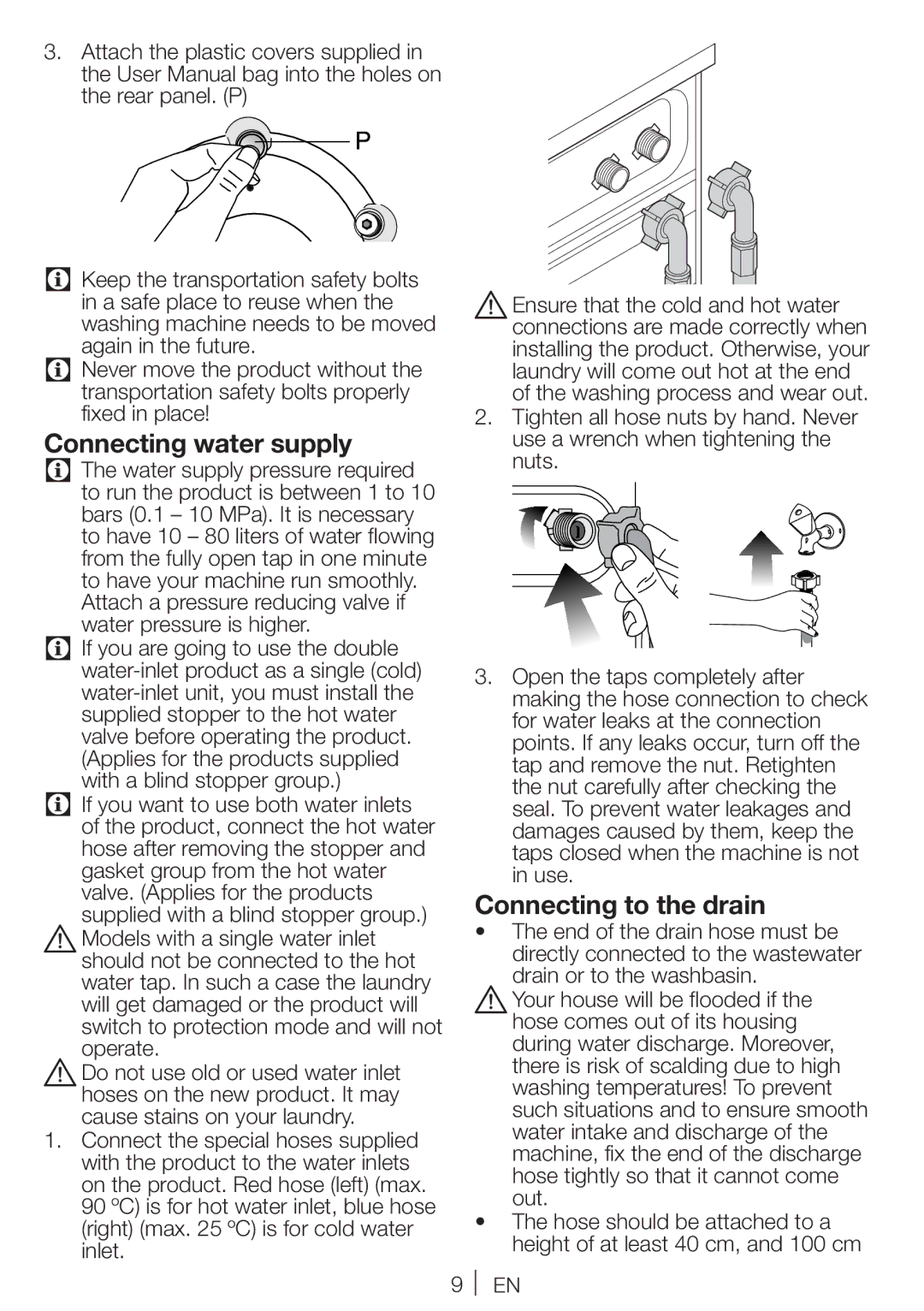 Blomberg WNF 7341 A user manual Connecting water supply, Connecting to the drain 