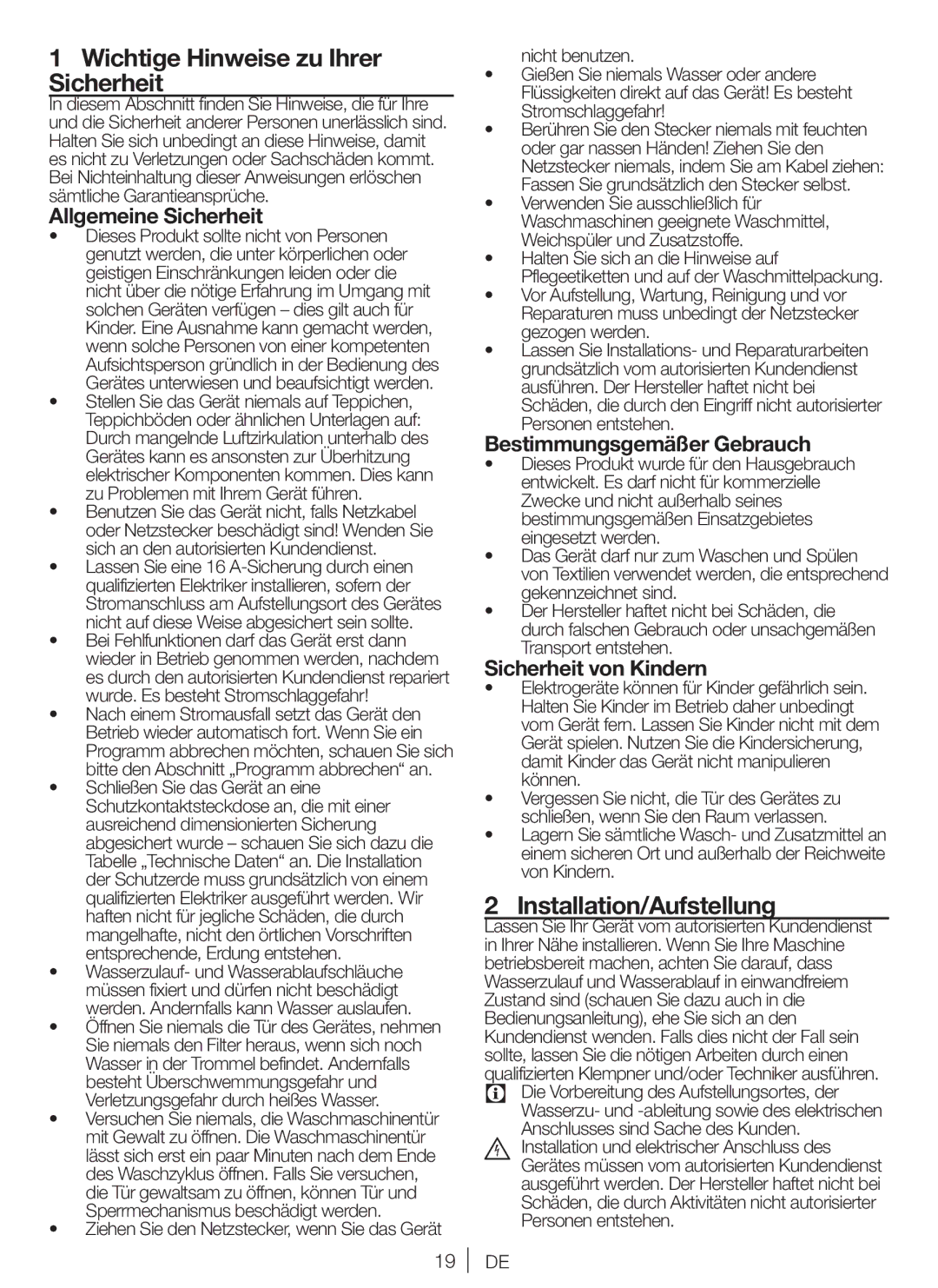 Blomberg WNF 7321 AE20 user manual Wichtige Hinweise zu Ihrer Sicherheit, Installation/Aufstellung, Allgemeine Sicherheit 