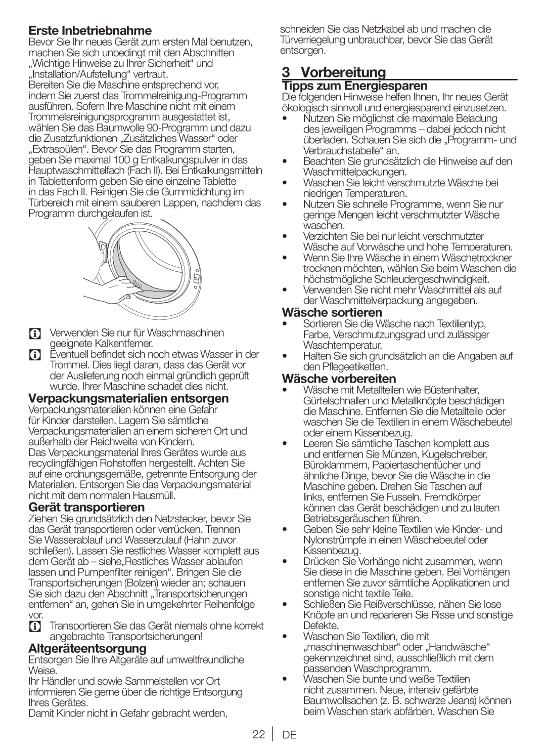 Blomberg WNF 7301 WE20, WNF 7341 AE20, WNF 7361 AE20, WNF 7321 AE20 user manual Vorbereitung 