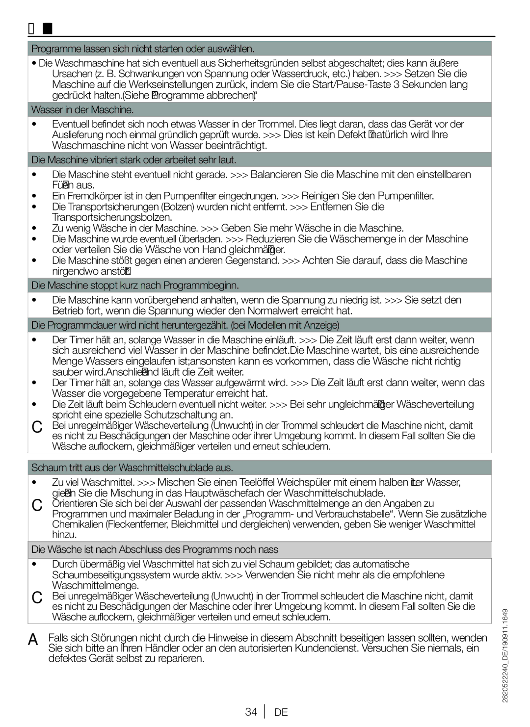 Blomberg WNF 7301 WE20, WNF 7341 AE20 user manual Problemlösung, Programme lassen sich nicht starten oder auswählen, Hinzu 