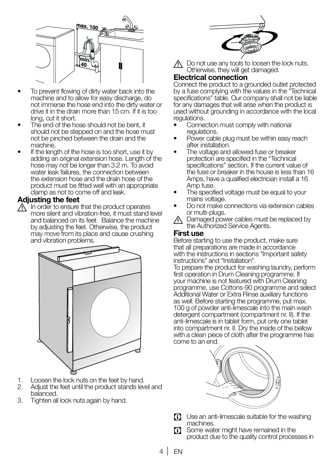 Blomberg WNF 7341 AE20, WNF 7361 AE20, WNF 7301 WE20, WNF 7321 AE20 Adjusting the feet, Electrical connection, First use 