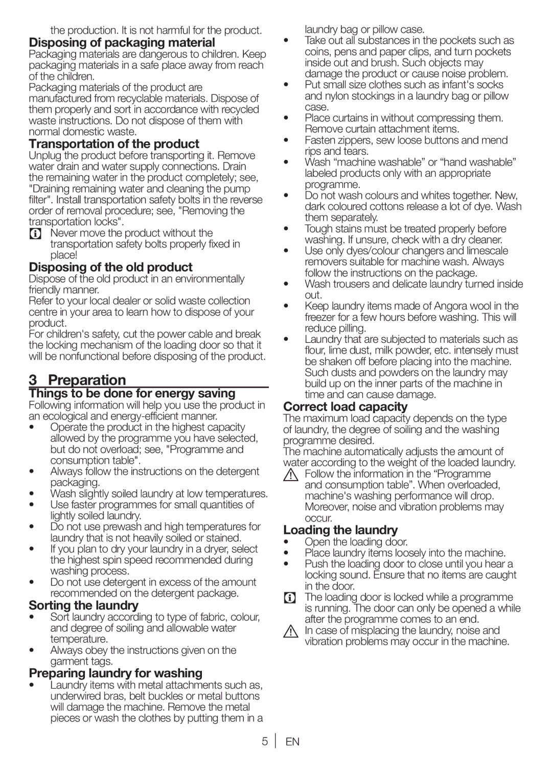 Blomberg WNF 7361 AE20, WNF 7341 AE20, WNF 7301 WE20, WNF 7321 AE20 user manual Preparation 