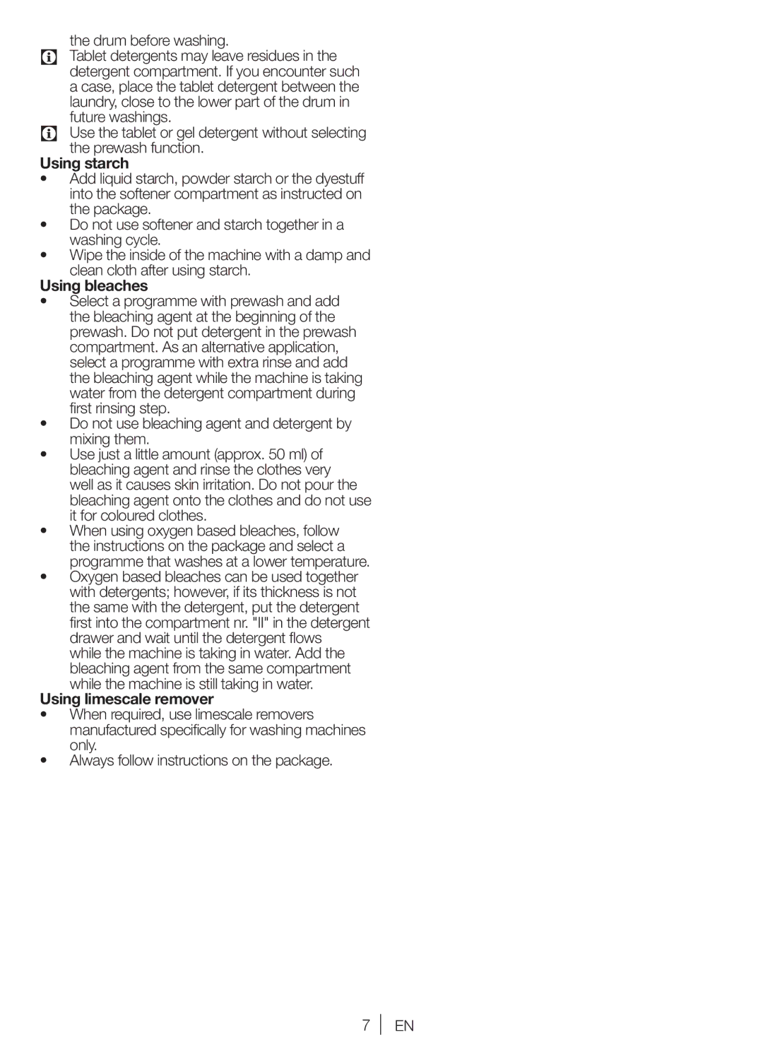 Blomberg WNF 7321 AE20, WNF 7341 AE20 user manual Drum before washing, Using starch, Using bleaches, Using limescale remover 