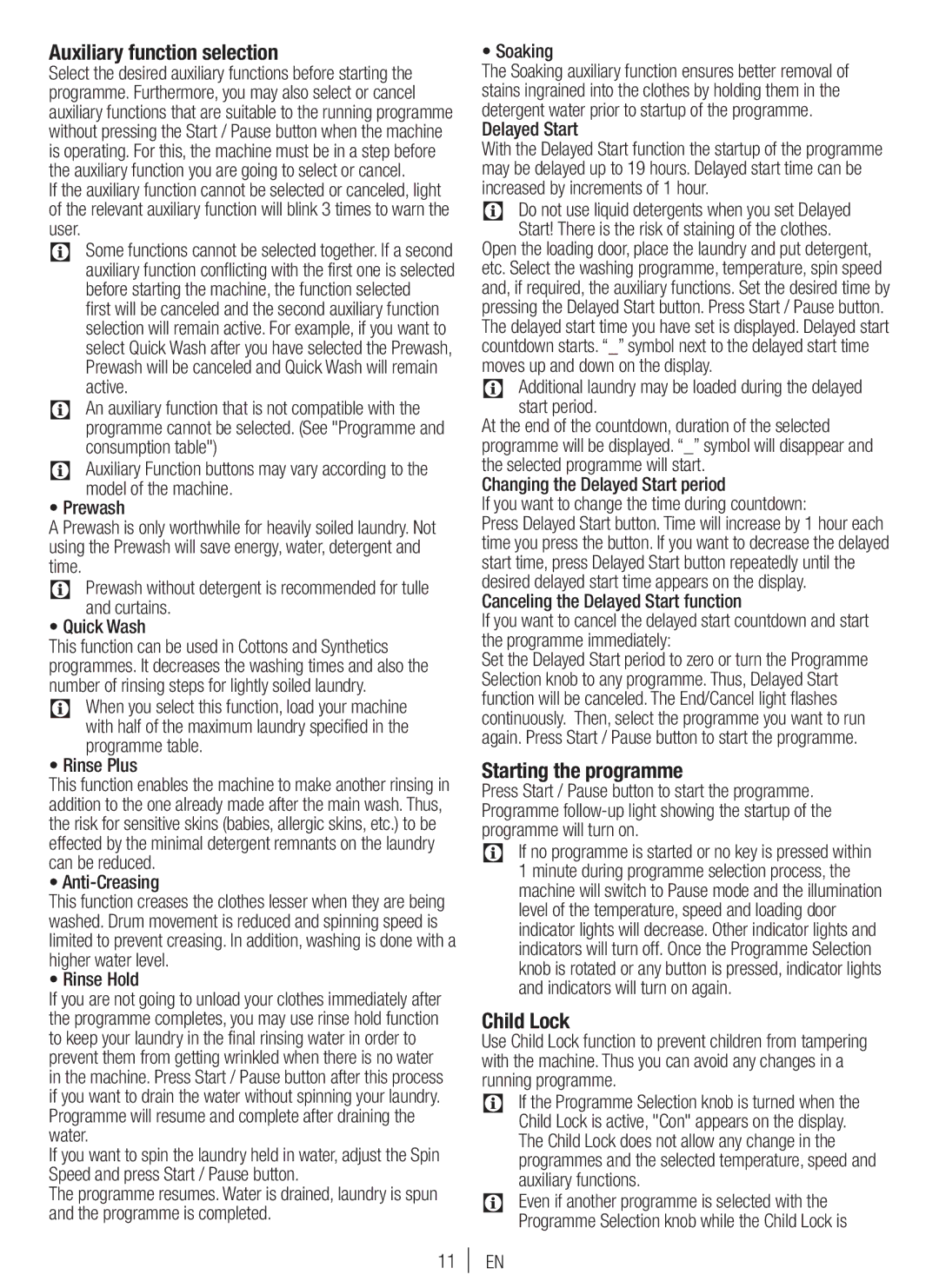 Blomberg WNF 7300 WE20, WNF 7361 SCE20 user manual Auxiliary function selection, Starting the programme, Child Lock 