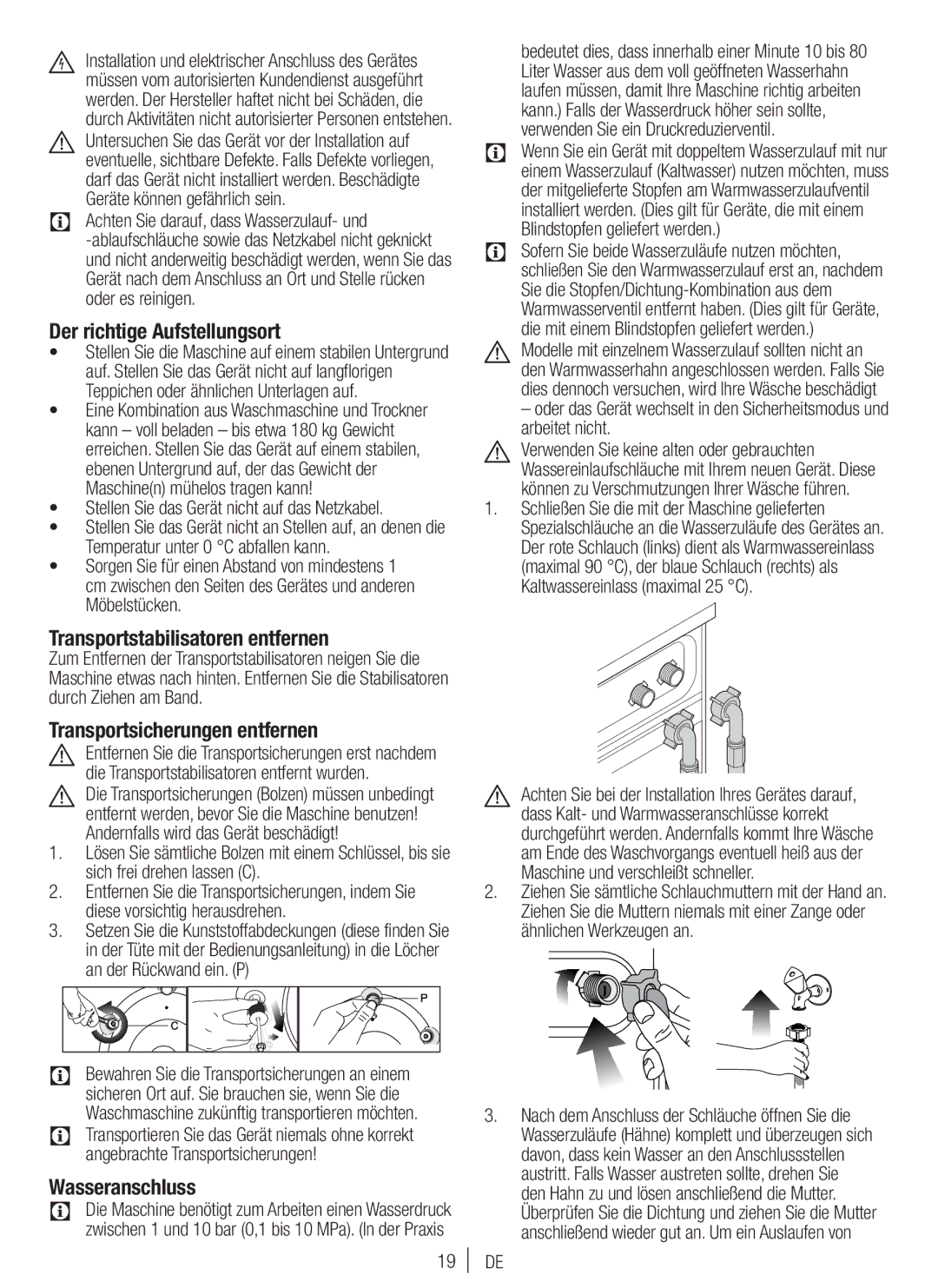 Blomberg WNF 7300 WE20 Der richtige Aufstellungsort, Transportstabilisatoren entfernen, Transportsicherungen entfernen 