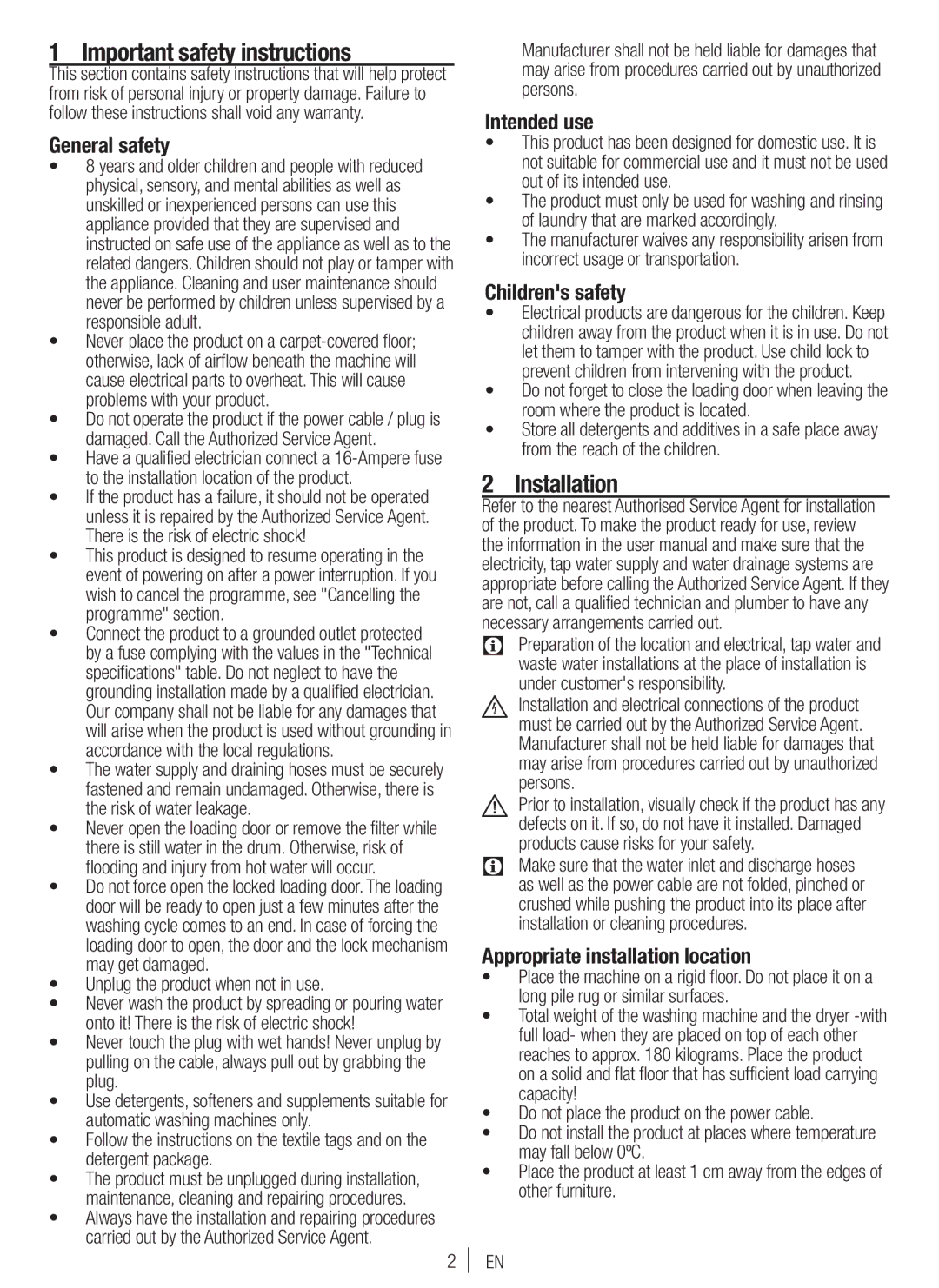 Blomberg WNF 7361 SCE20, WNF 7300 WE20 user manual Important safety instructions, Installation 