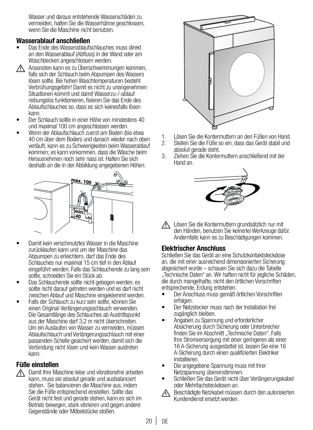 Blomberg WNF 7361 SCE20, WNF 7300 WE20 user manual Wasserablauf anschließen, Füße einstellen, Elektrischer Anschluss 