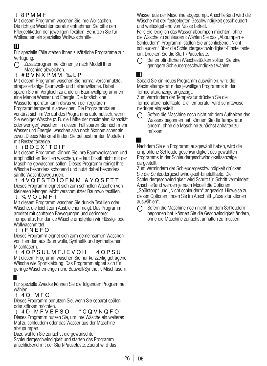 Blomberg WNF 7361 SCE20 Zusätzliche Programme, Spezialprogramme, Temperatur auswählen, Schleudergeschwindigkeit auswählen 