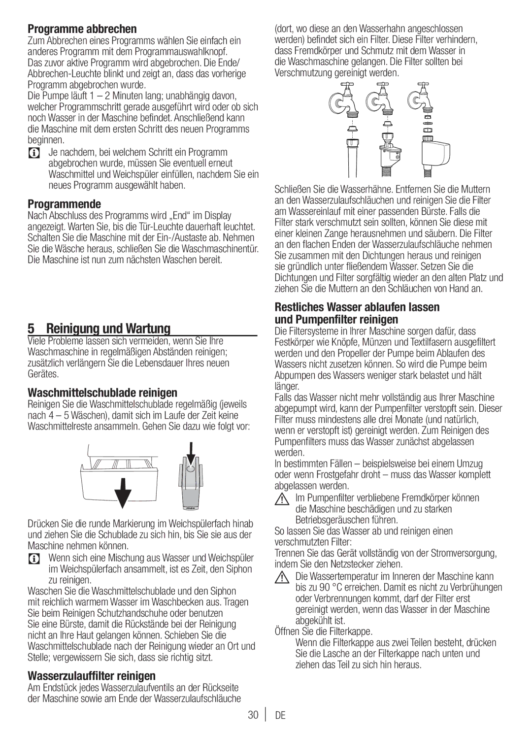 Blomberg WNF 7361 SCE20 user manual Reinigung und Wartung, Programme abbrechen, Programmende, Waschmittelschublade reinigen 