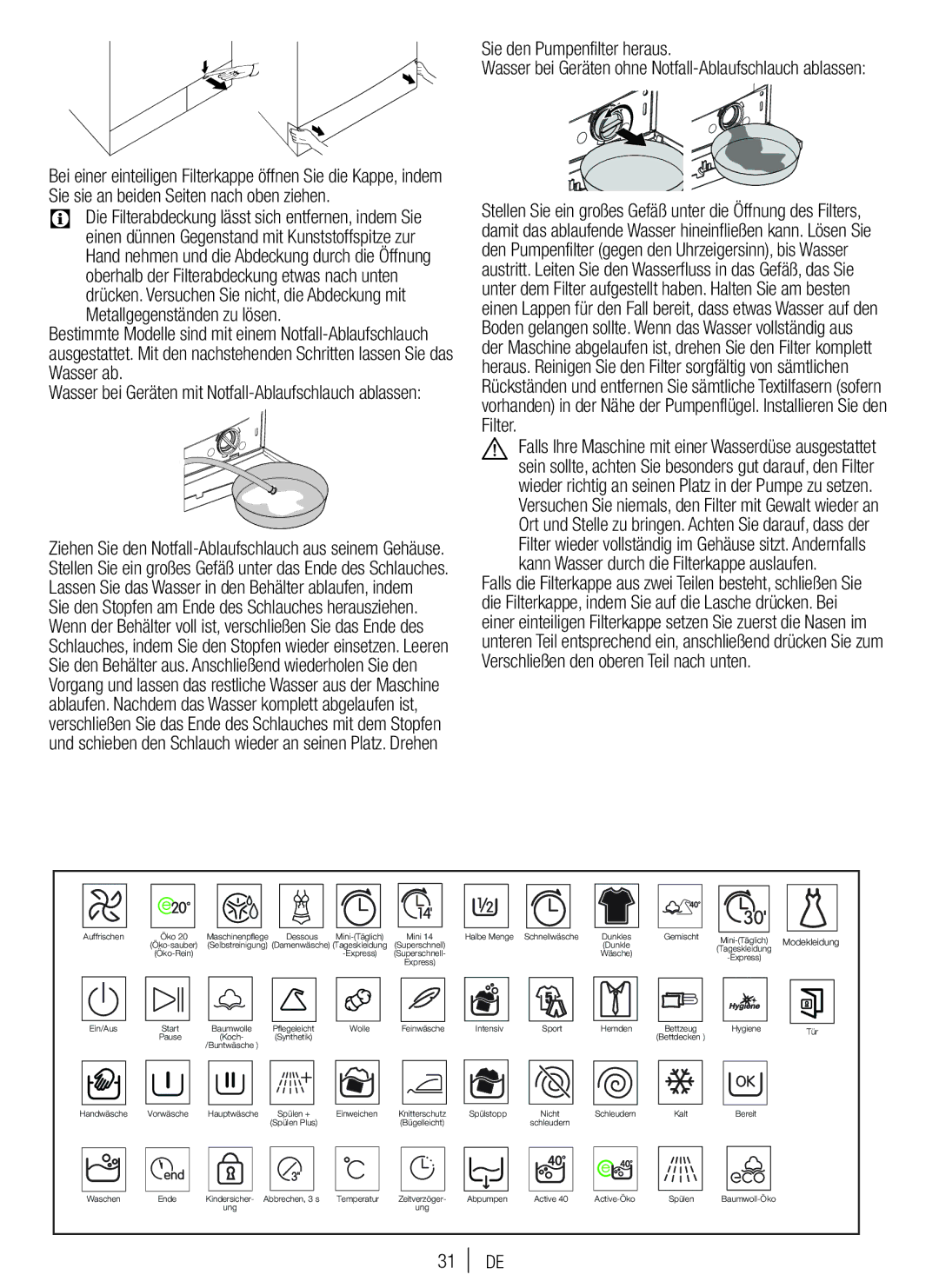 Blomberg WNF 7300 WE20, WNF 7361 SCE20 user manual Metallgegenständen zu lösen, Sie den Pumpenfilter heraus 