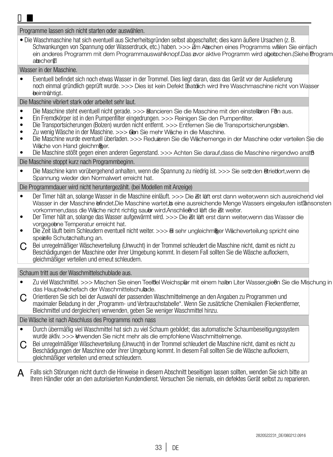 Blomberg WNF 7300 WE20, WNF 7361 SCE20 user manual Problemlösung, Programme lassen sich nicht starten oder auswählen 