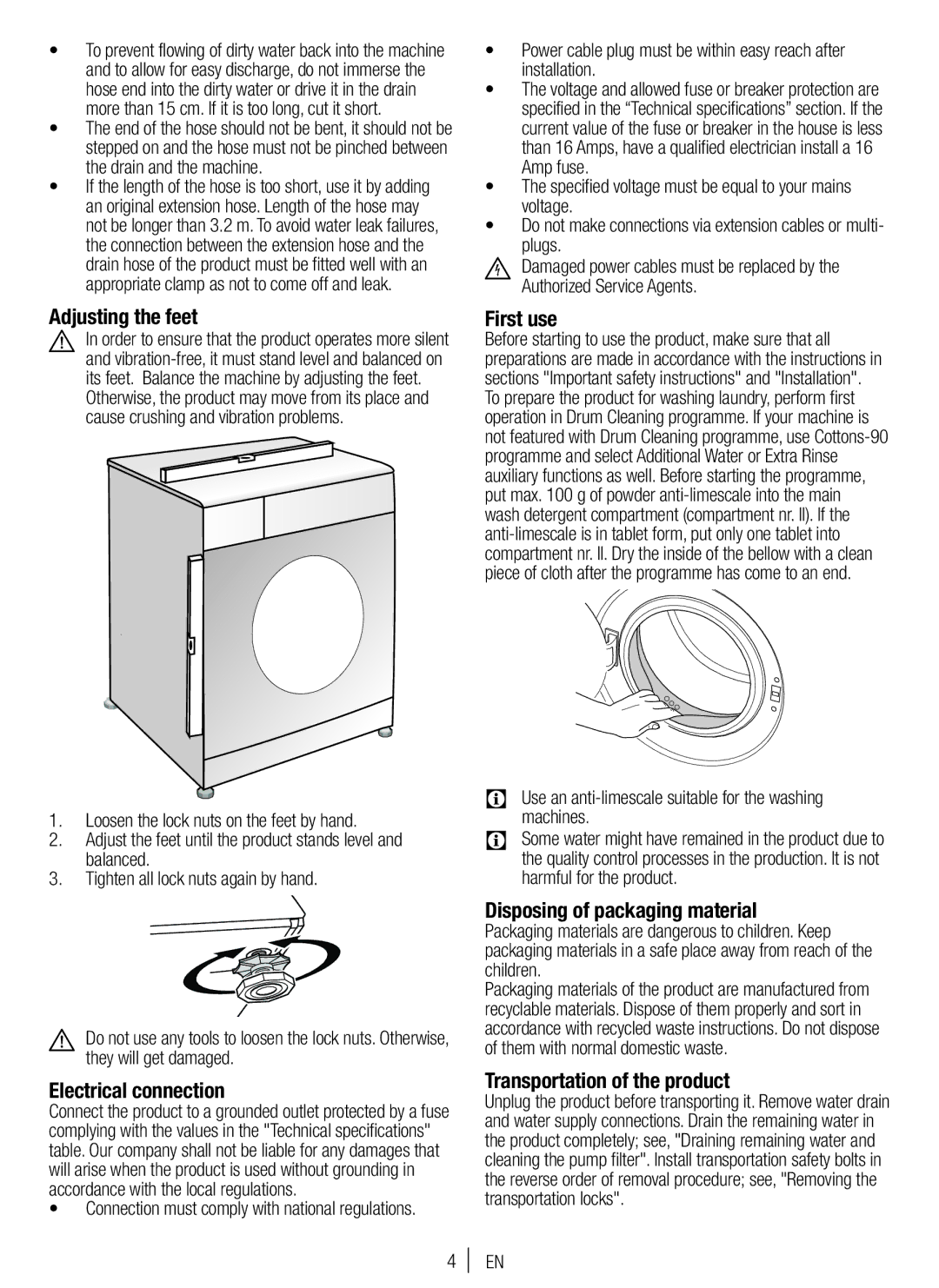 Blomberg WNF 7361 SCE20 user manual Adjusting the feet, Electrical connection, First use, Disposing of packaging material 