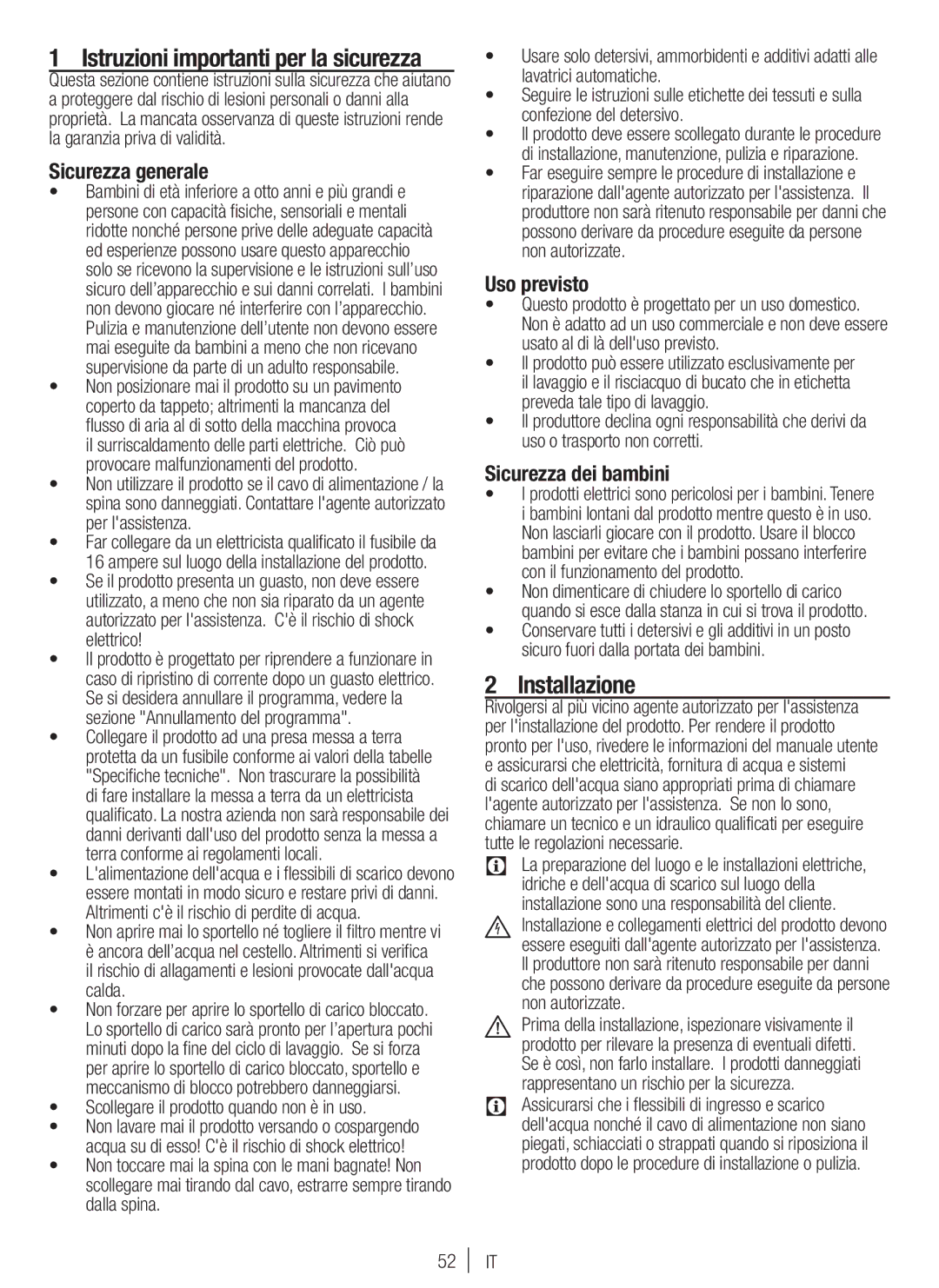 Blomberg WNF 7361 SCE20 user manual Istruzioni importanti per la sicurezza, Installazione, Sicurezza generale, Uso previsto 