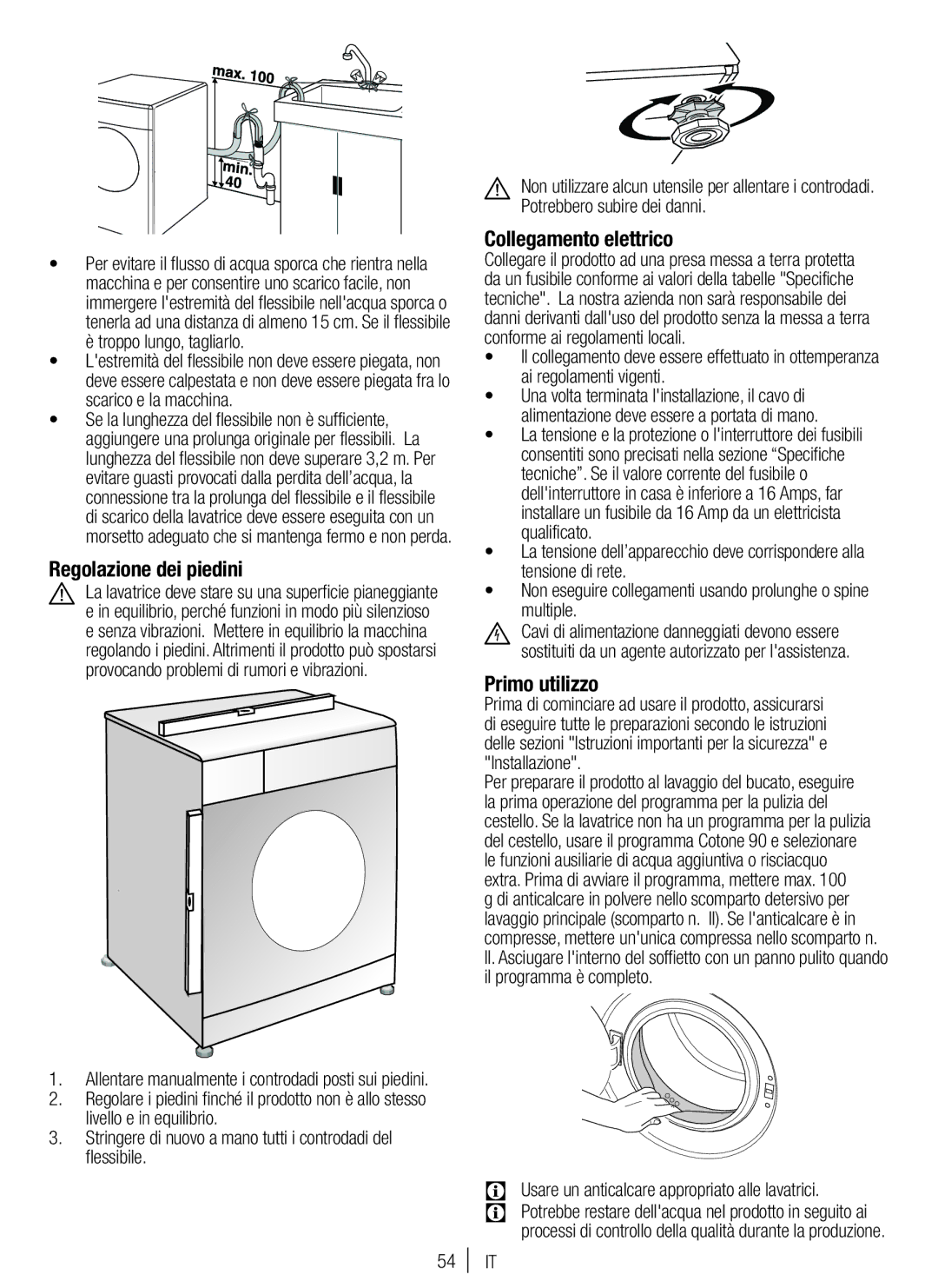 Blomberg WNF 7361 SCE20 Regolazione dei piedini, Collegamento elettrico, Primo utilizzo, Troppo lungo, tagliarlo 