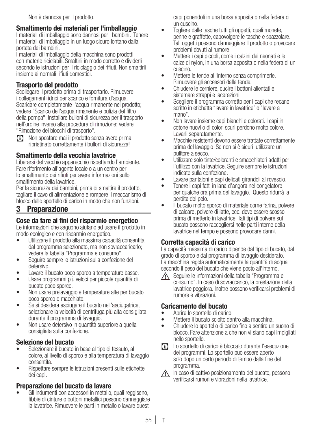 Blomberg WNF 7300 WE20, WNF 7361 SCE20 user manual Preparazione 