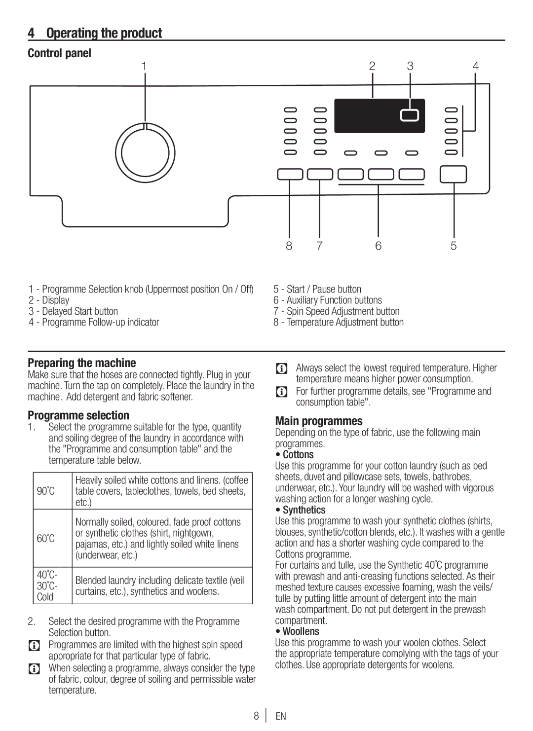 Blomberg WNF 7361 SCE20 Operating the product, Control panel, Preparing the machine, Programme selection, Main programmes 