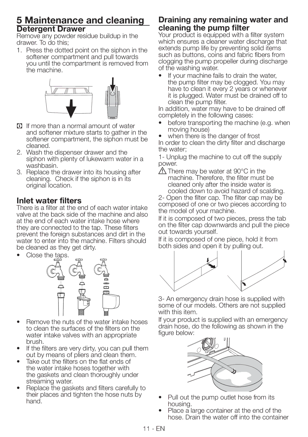 Blomberg WNF 8406A user manual Maintenance and cleaning, Detergent Drawer, Inlet water filters 