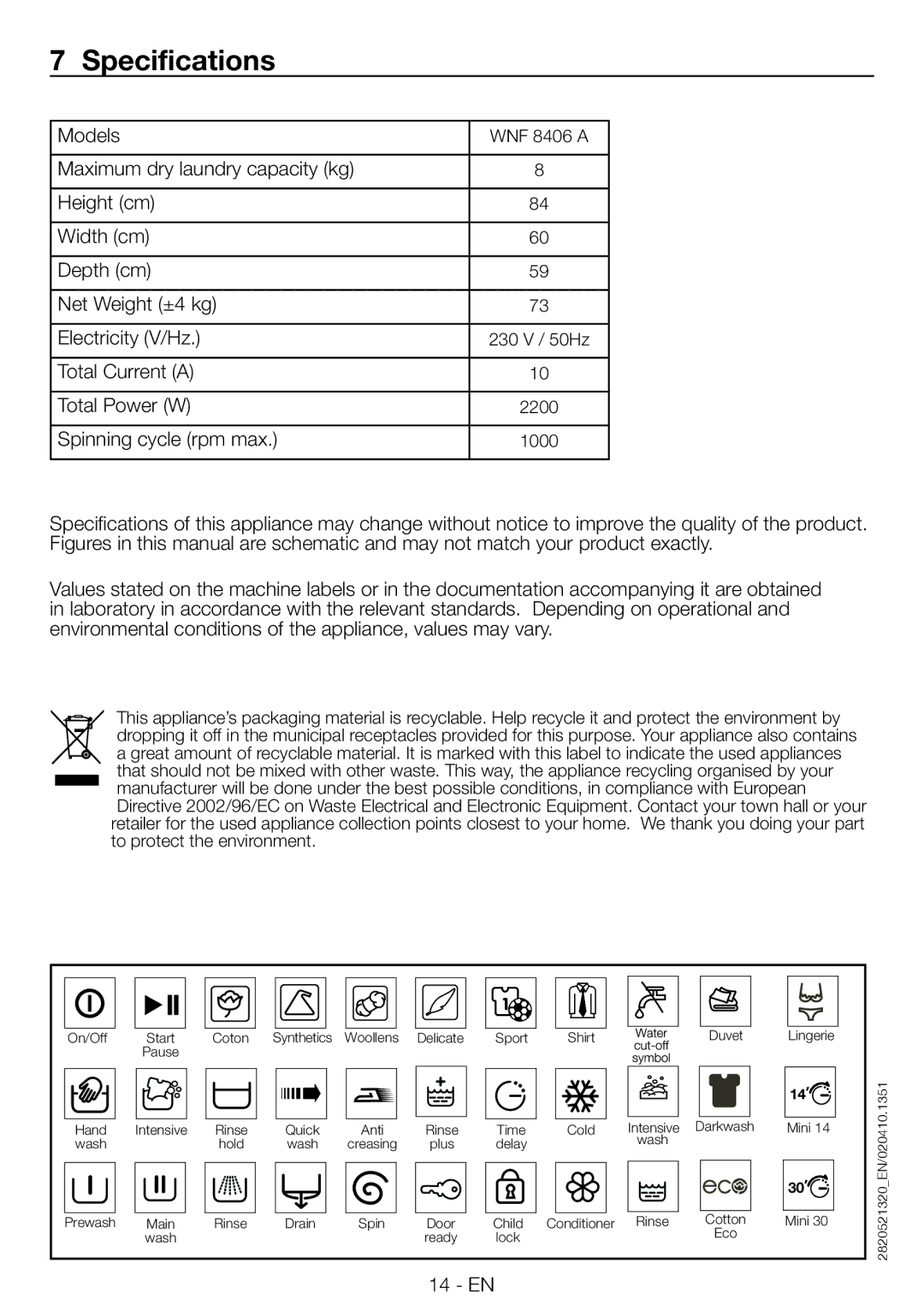 Blomberg WNF 8406A user manual Specifications, 14’ 