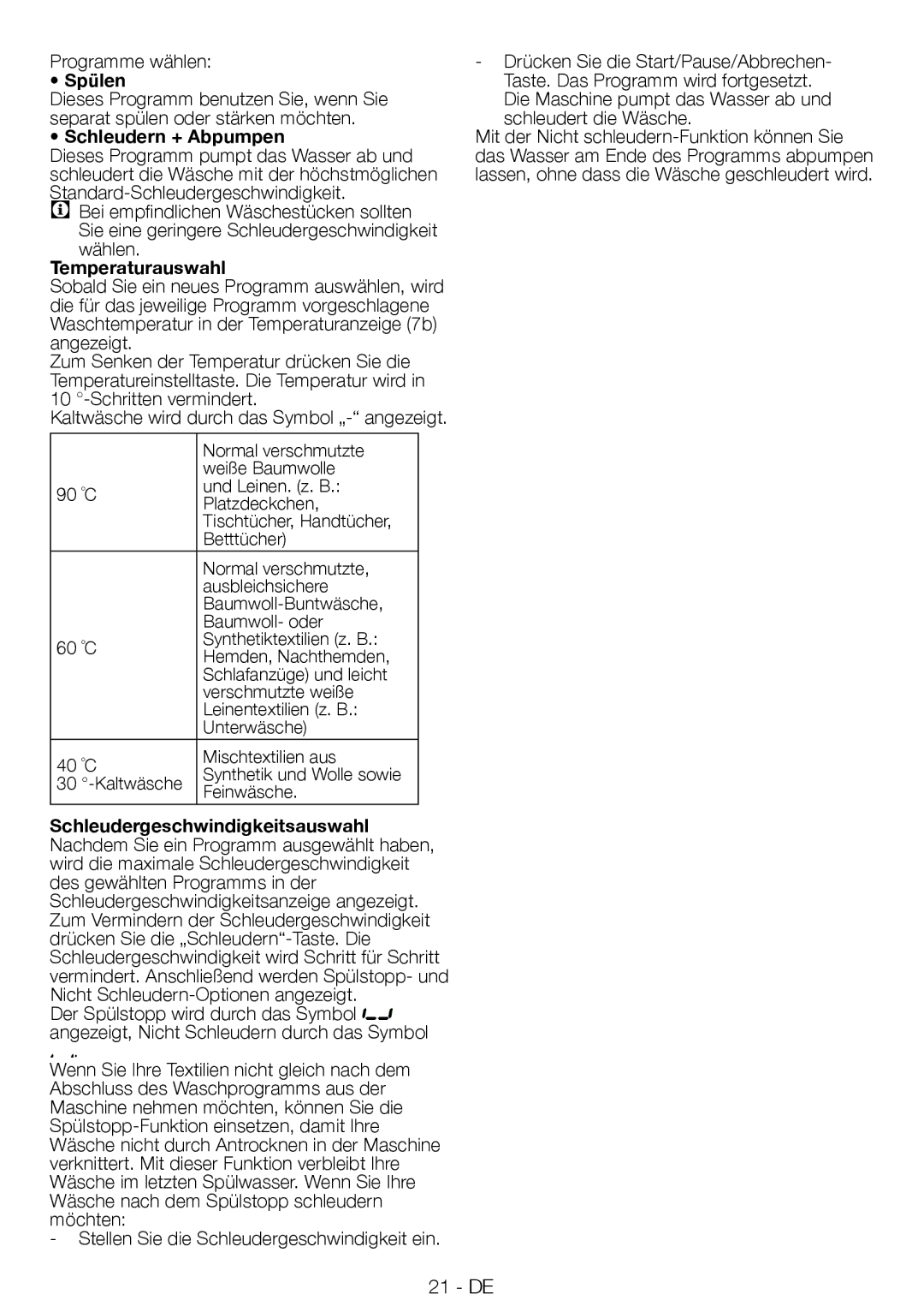 Blomberg WNF 8406A user manual Spülen, Schleudern + Abpumpen, Temperaturauswahl 