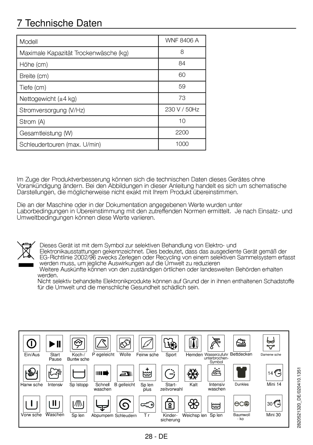 Blomberg WNF 8406A user manual Technische Daten 