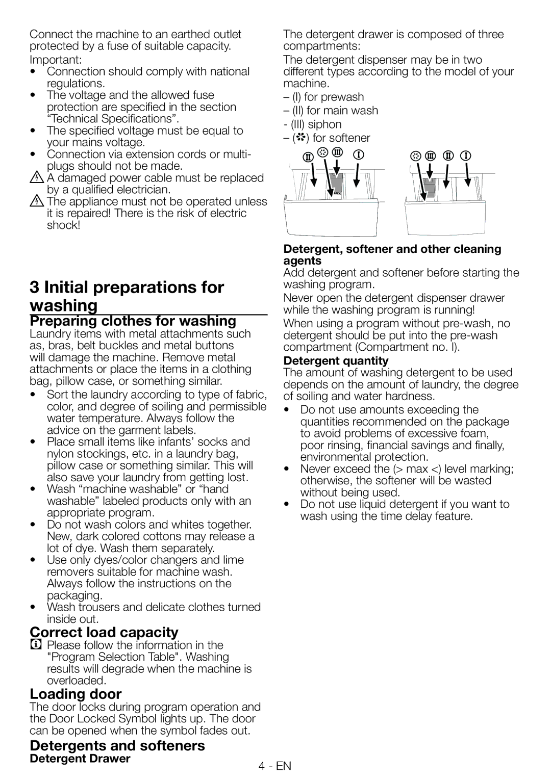 Blomberg WNF 8406A Initial preparations for washing, Preparing clothes for washing, Correct load capacity, Loading door 