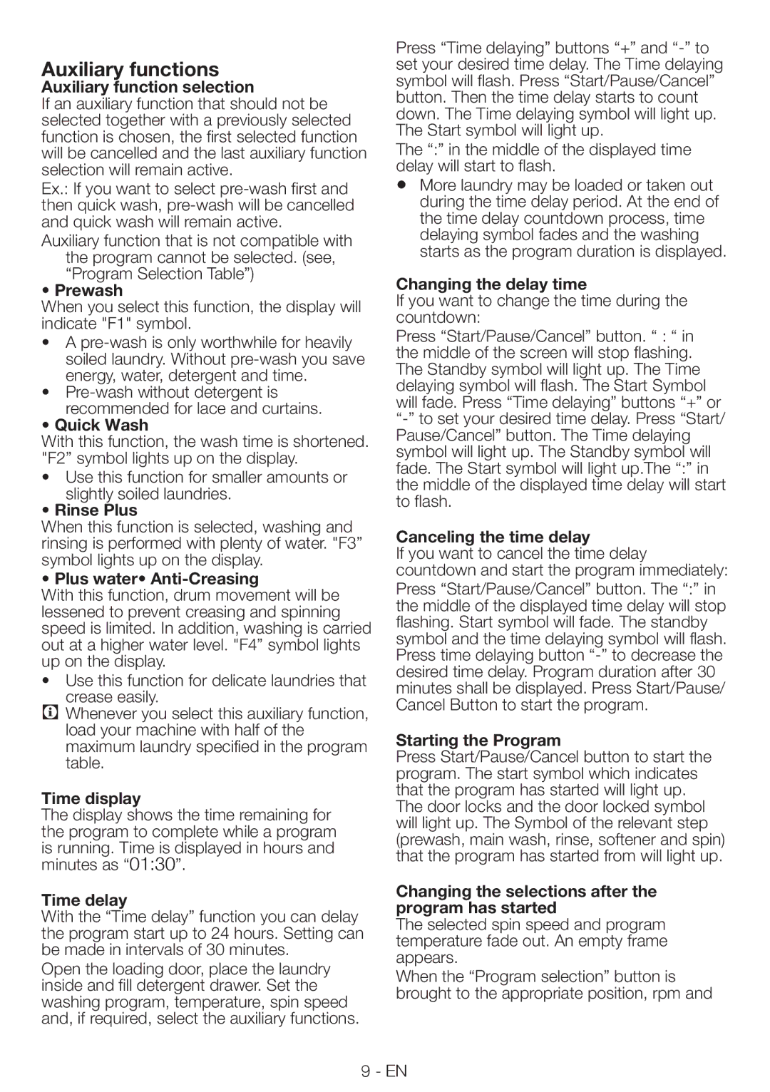 Blomberg WNF 8406A user manual Auxiliary functions 