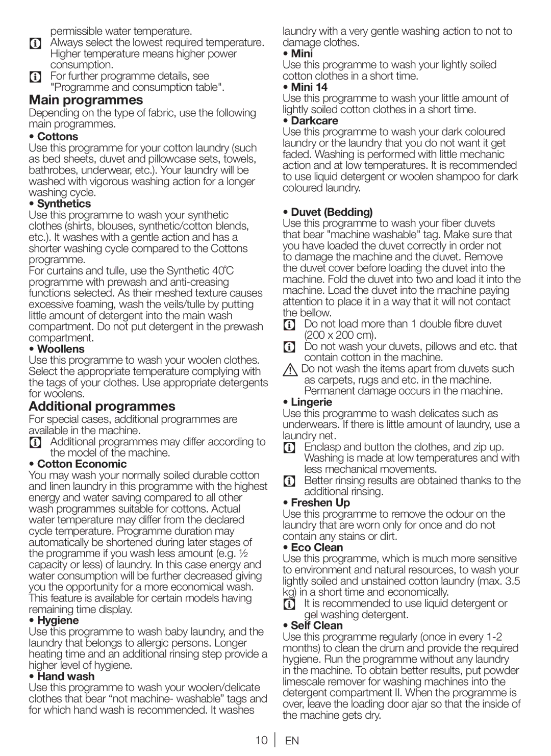 Blomberg AE20, WNF 8422, WNF 8402, ZE20, WE20, SQE20, AQE20 user manual Main programmes, Additional programmes 