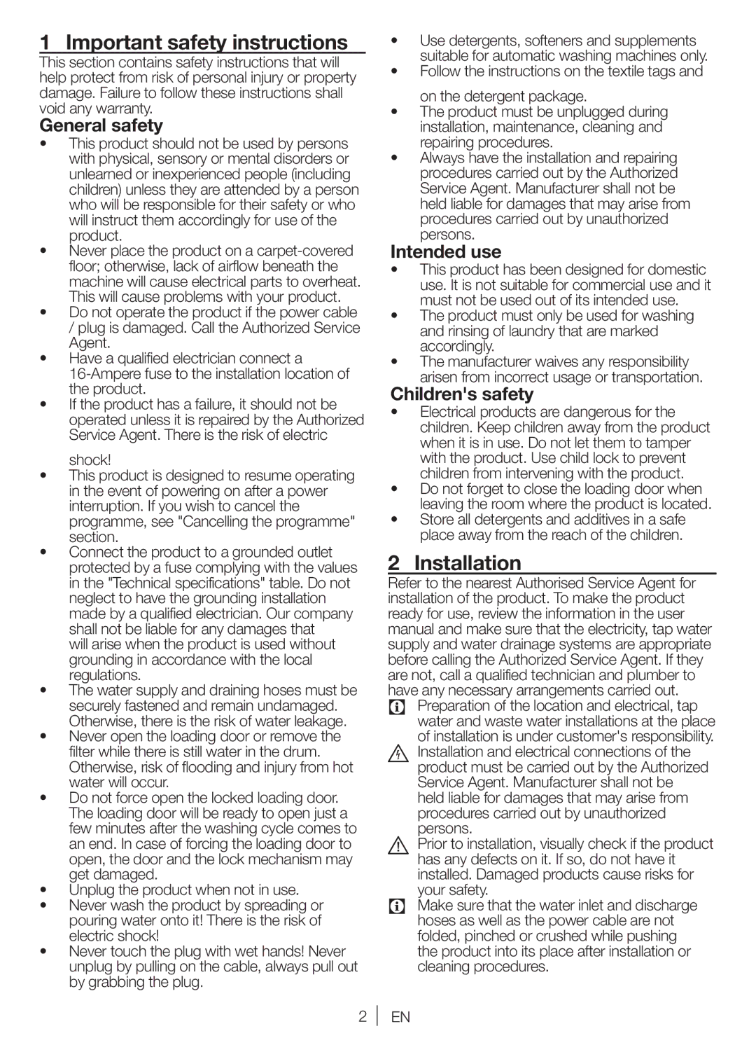 Blomberg ZE20, WNF 8422, AE20 Important safety instructions, Installation, General safety, Intended use, Childrens safety 