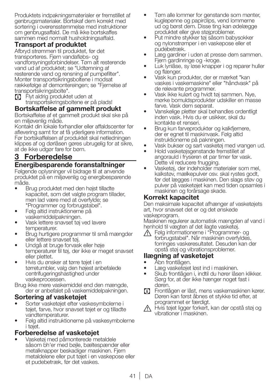 Blomberg AQE20, WNF 8422, WNF 8402, ZE20, AE20, WE20, SQE20 user manual Forberedelse 