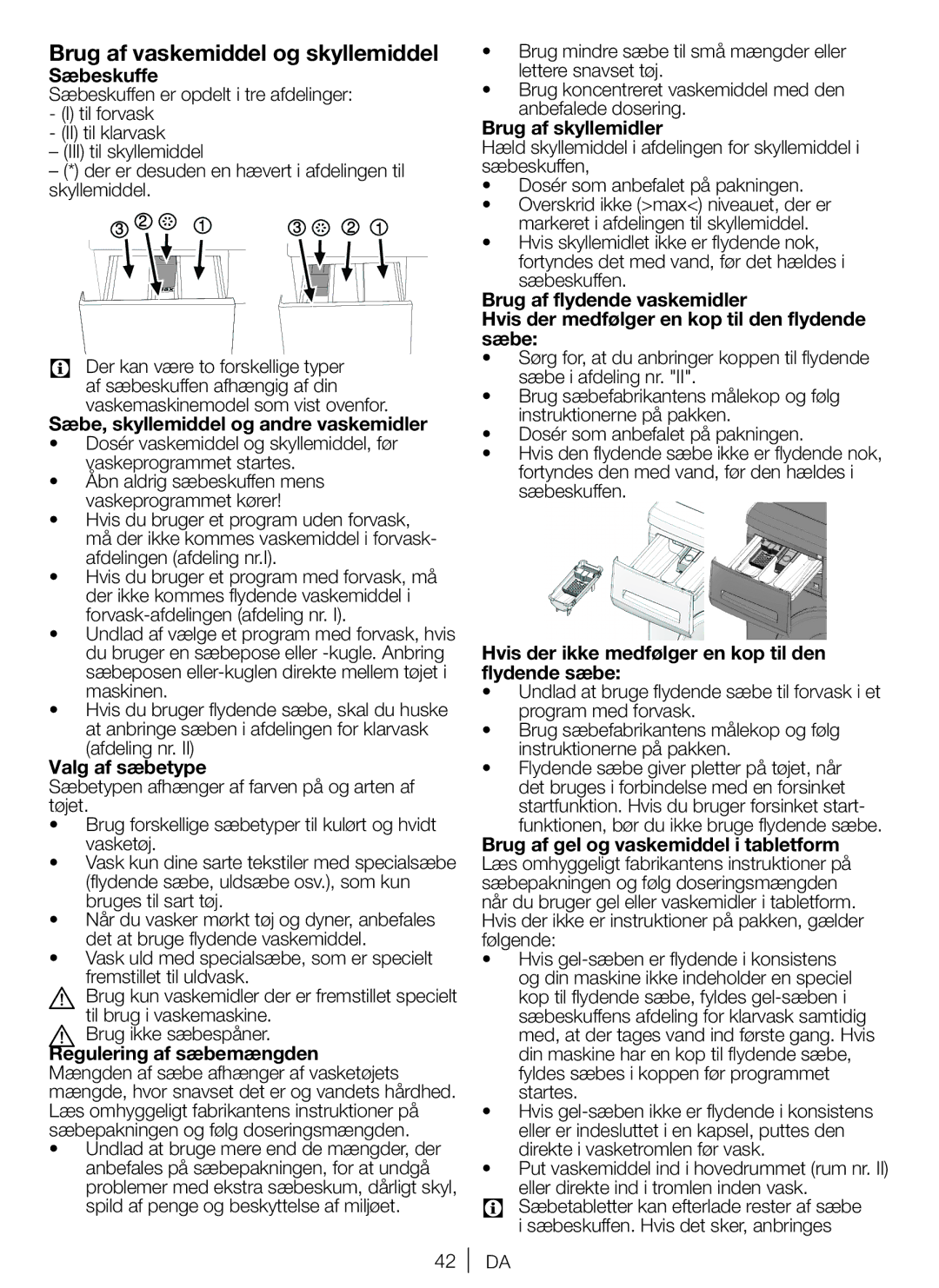 Blomberg WNF 8422, WNF 8402, ZE20, AE20, WE20, SQE20, AQE20 user manual Brug af vaskemiddel og skyllemiddel 