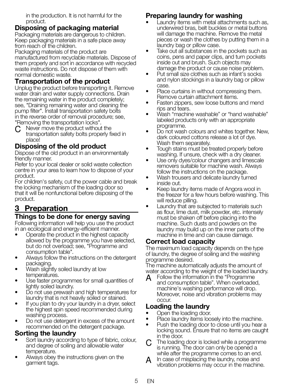 Blomberg SQE20, WNF 8422, WNF 8402, ZE20, AE20, WE20, AQE20 user manual Preparation 