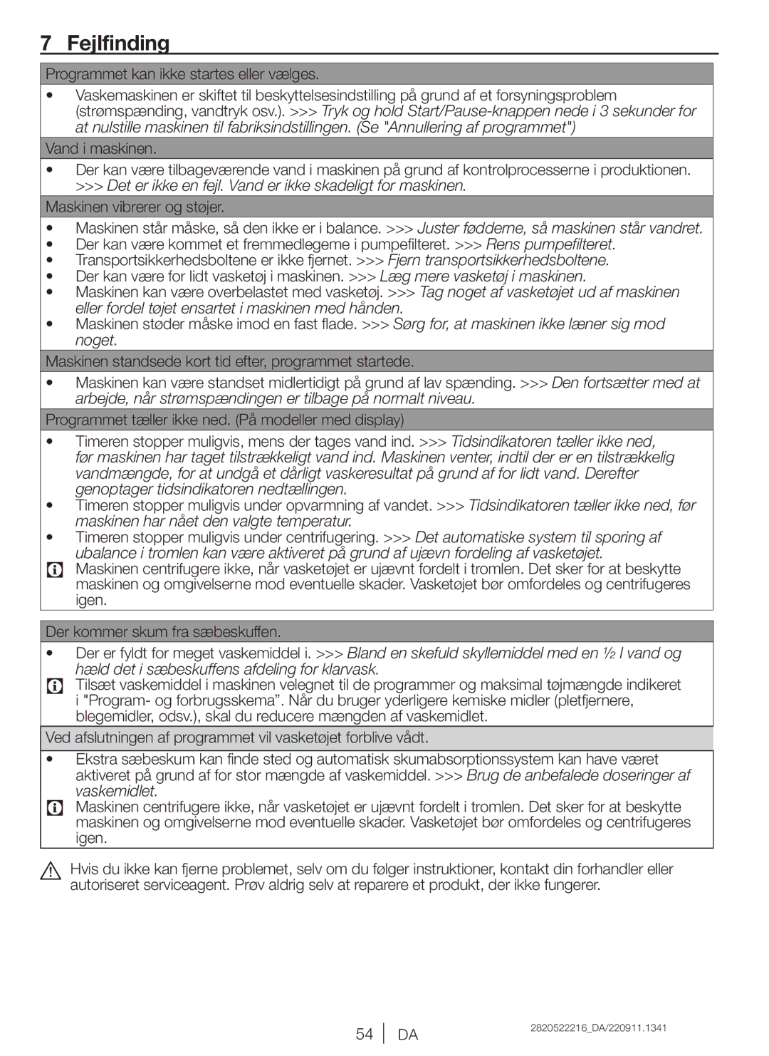 Blomberg SQE20, WNF 8422, WNF 8402, ZE20, AE20, WE20, AQE20 user manual Fejlfinding, Programmet kan ikke startes eller vælges 